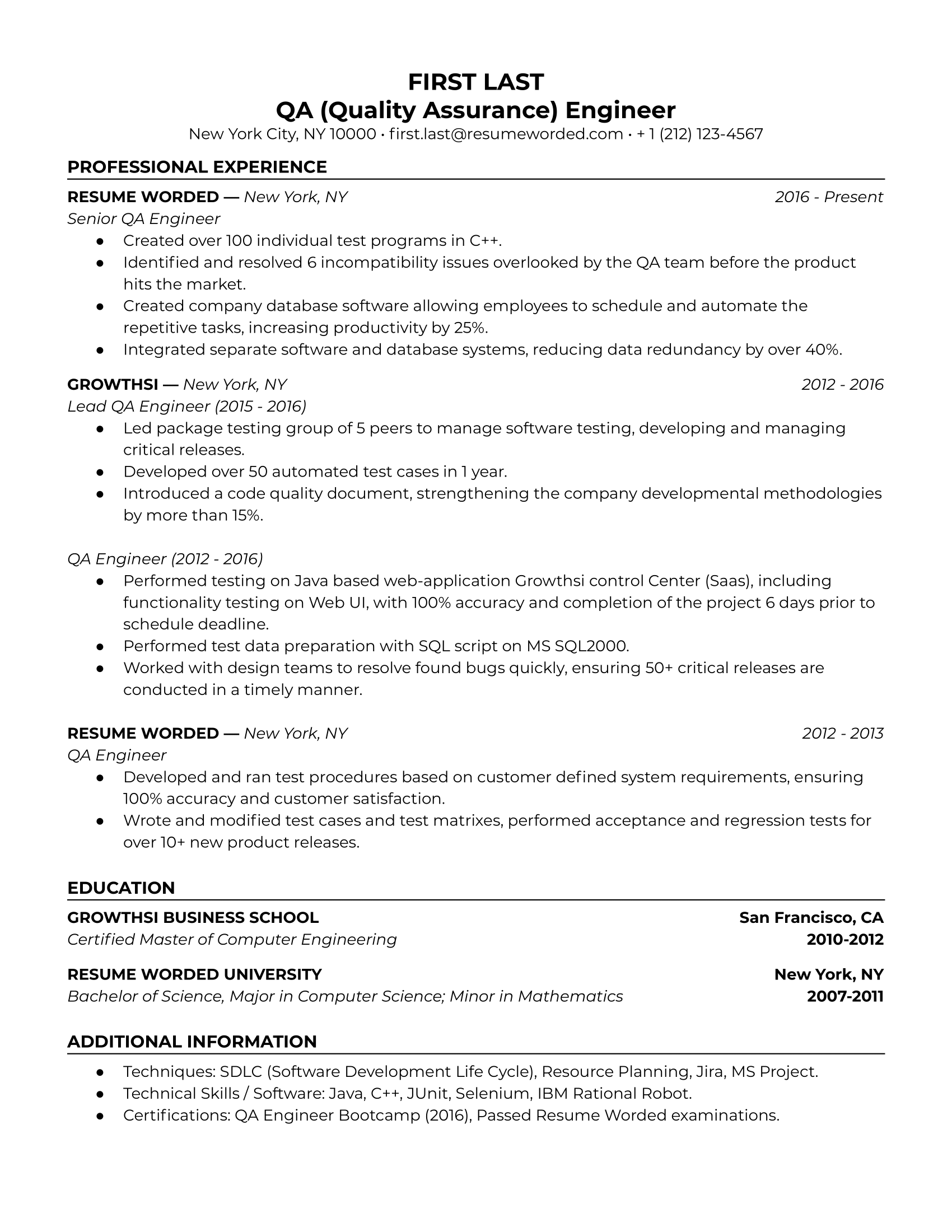 A sample QA Engineer resume which demonstrates the ways that QA Engineers work in both customer-facing and internal roles. 