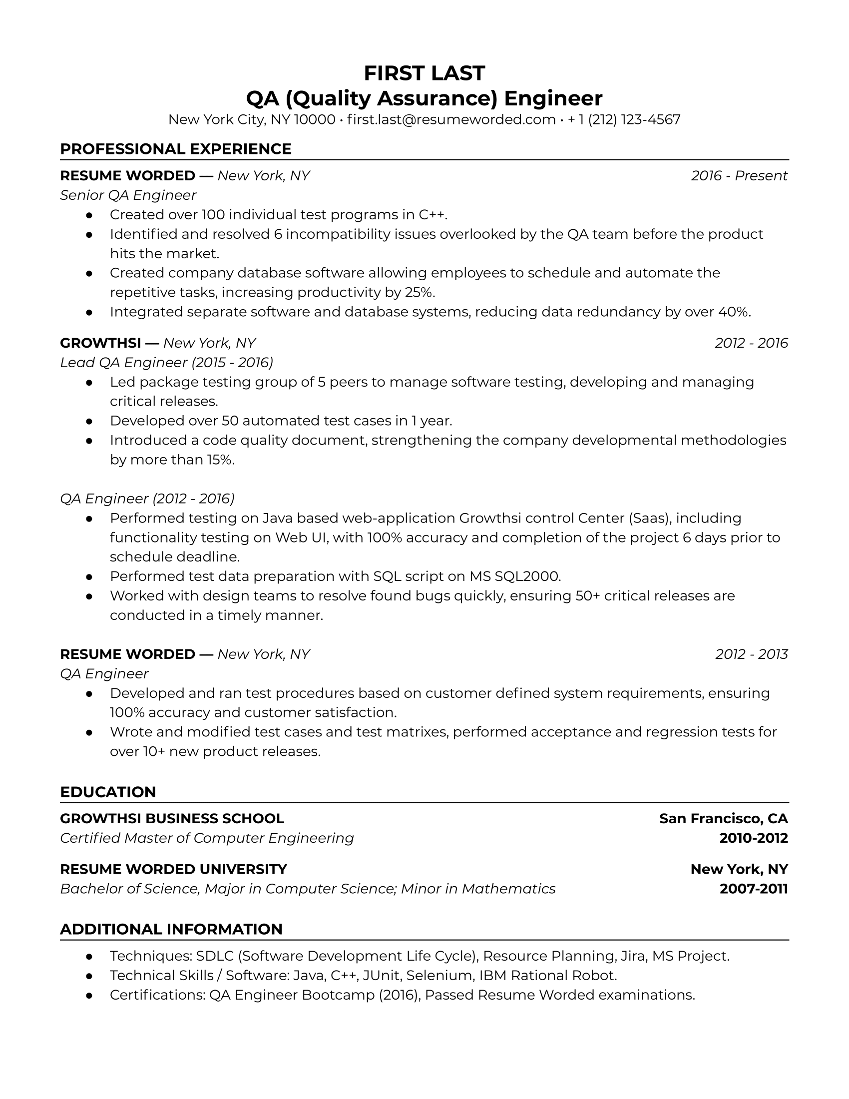 junior qa engineer resume