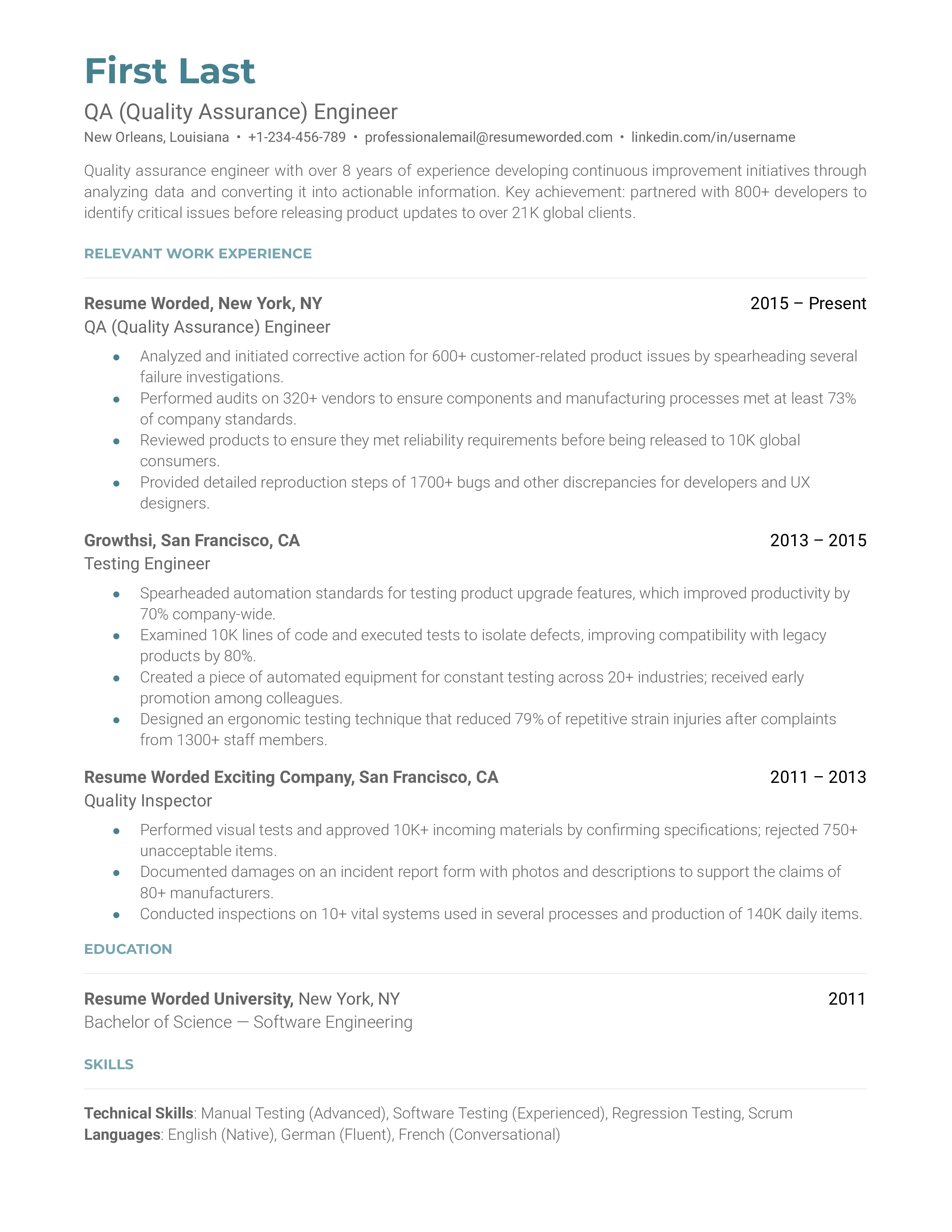 A resume for a QA engineer with a master's degree in computer engineering and prior experience as a lead QA engineer.
