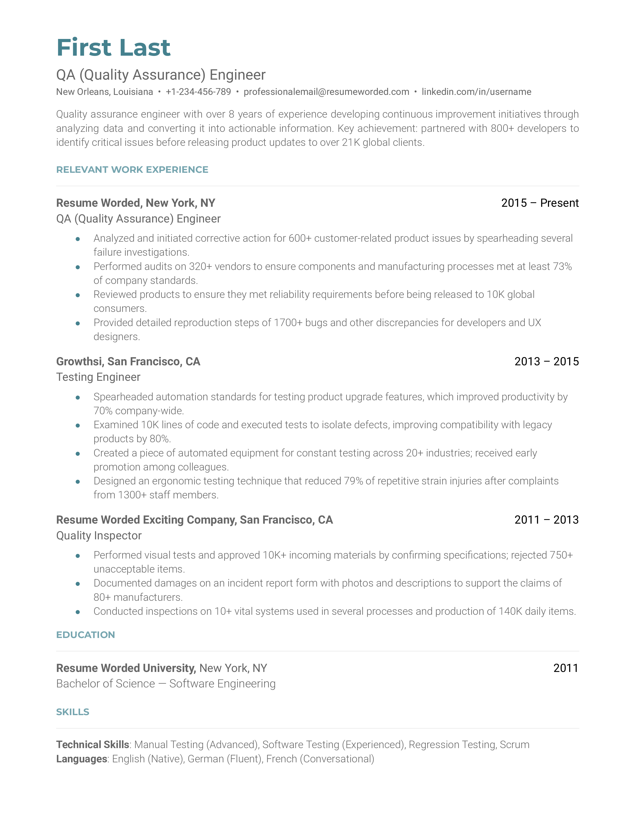 QA (Quality Assurance) Engineer Resume Example for 2023 | Resume Worded