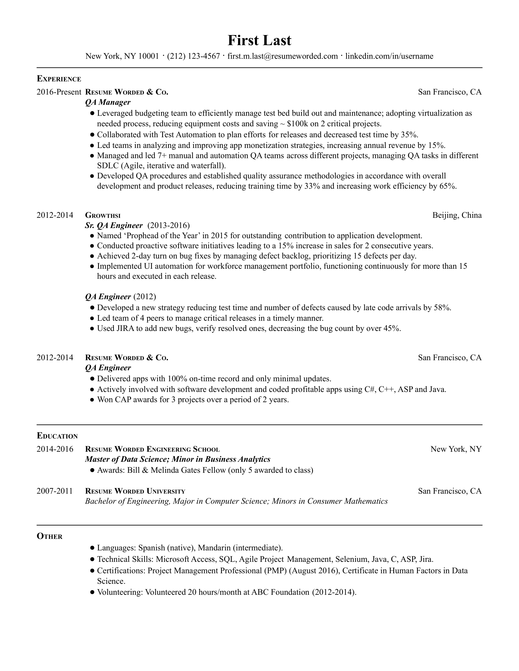 A sample QA manager resume which shows the career shift from engineer to a specialized employee who balances the human and computer-driven solutions for QA processes. 