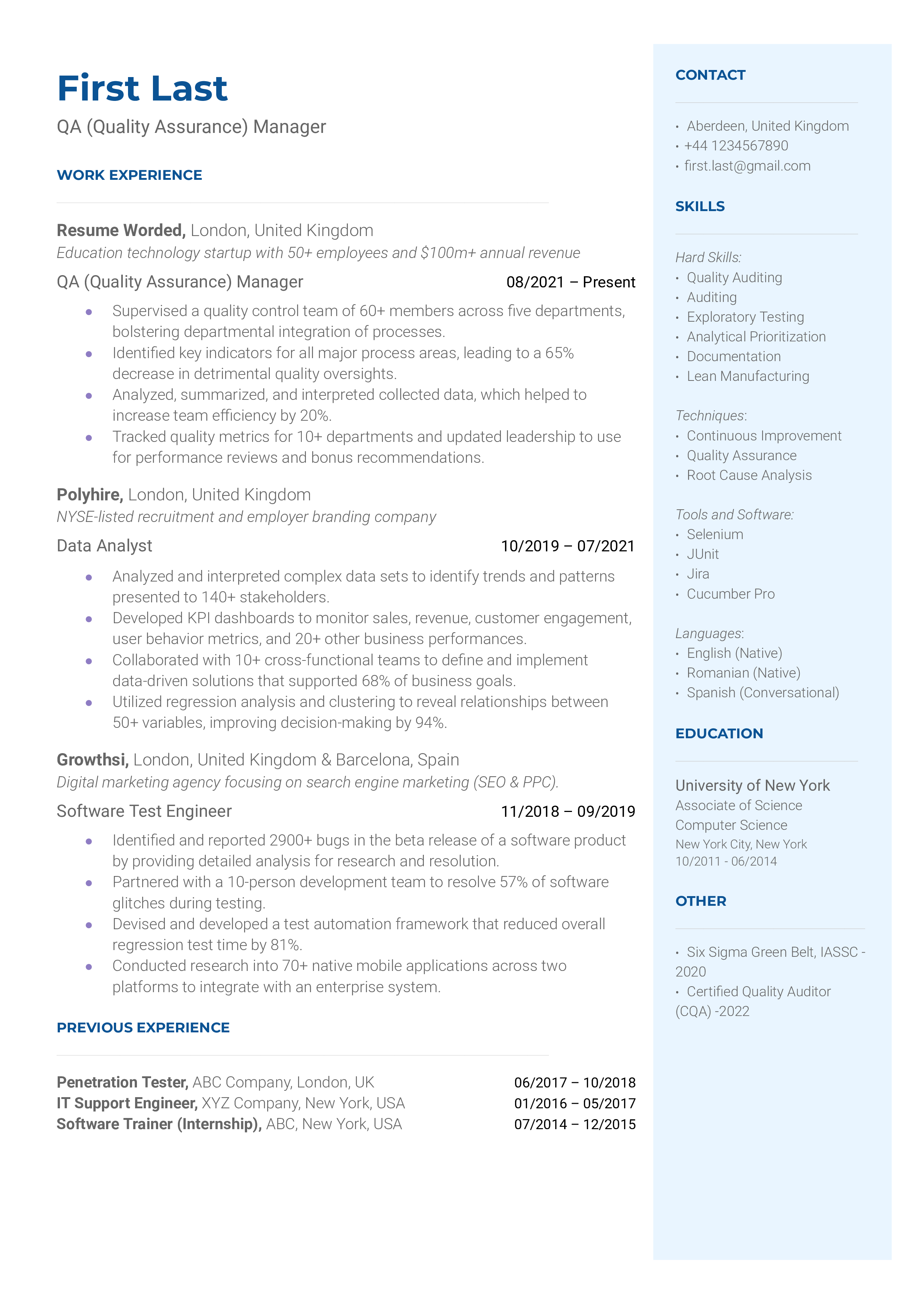 QA (Quality Assurance) Manager Resume Examples for 2025 | Resume Worded