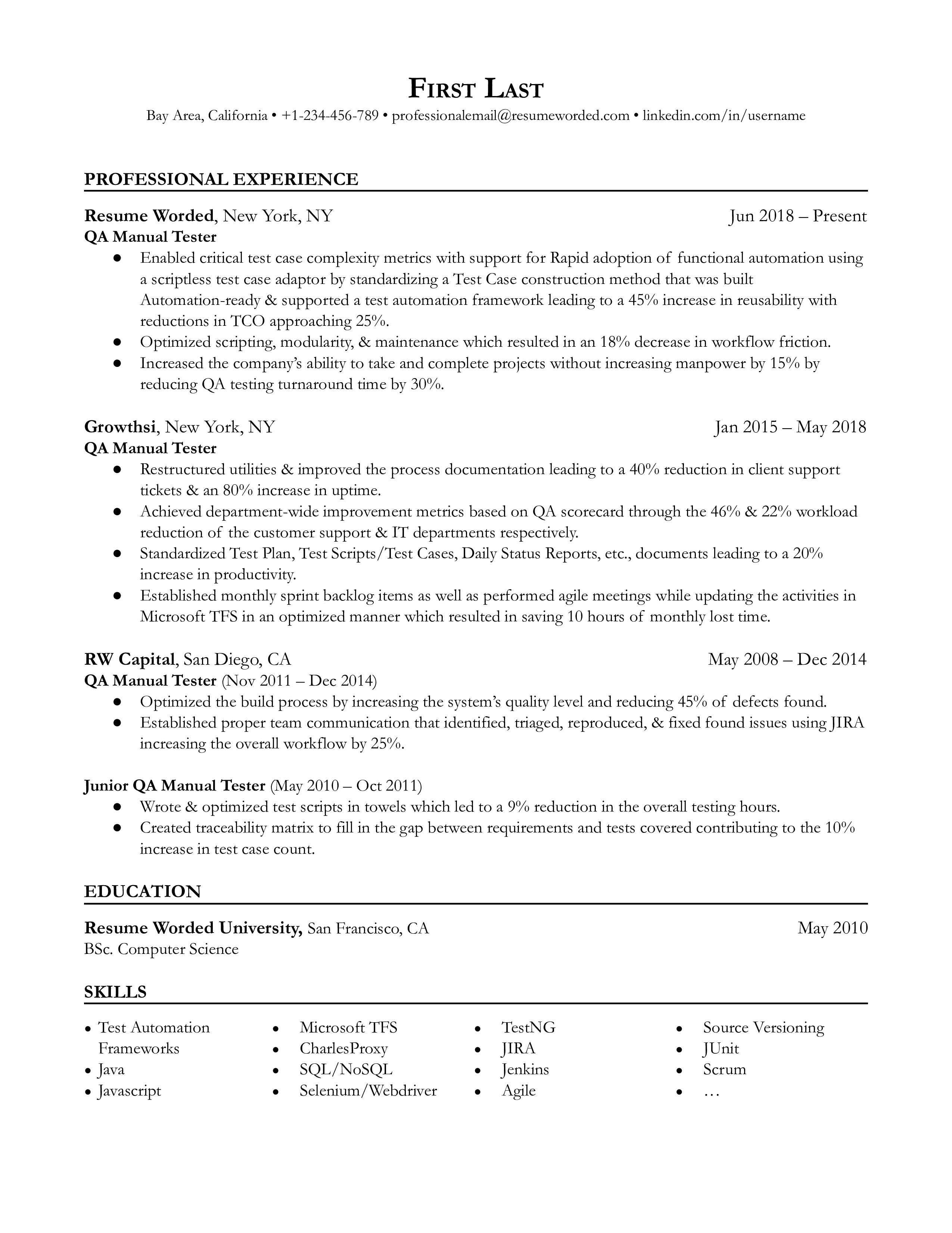 QA manual tester sample resume that highlights the applicants relevant skill set and tools.