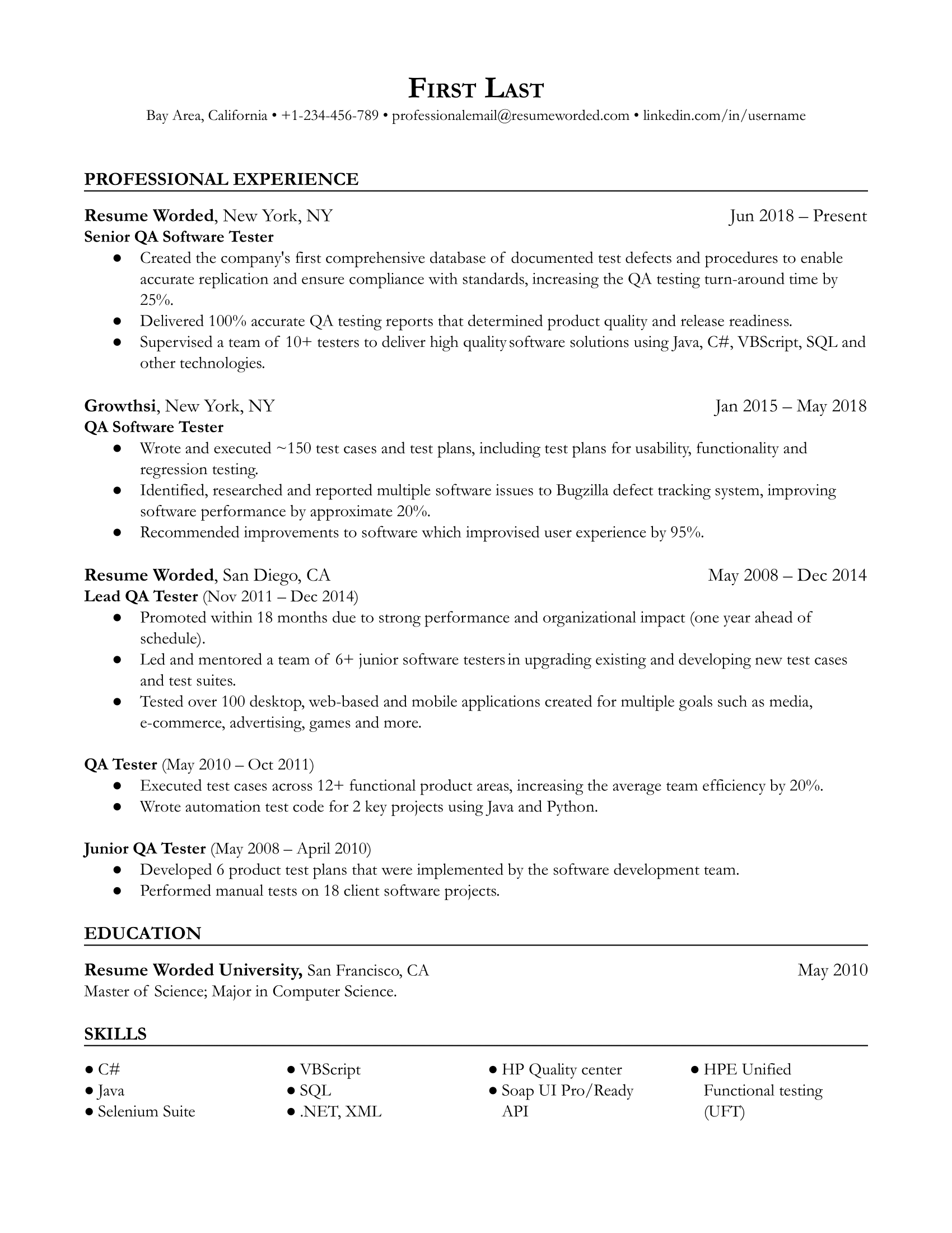 An example of a QA software tester's resume, which emphasizes key software experiences