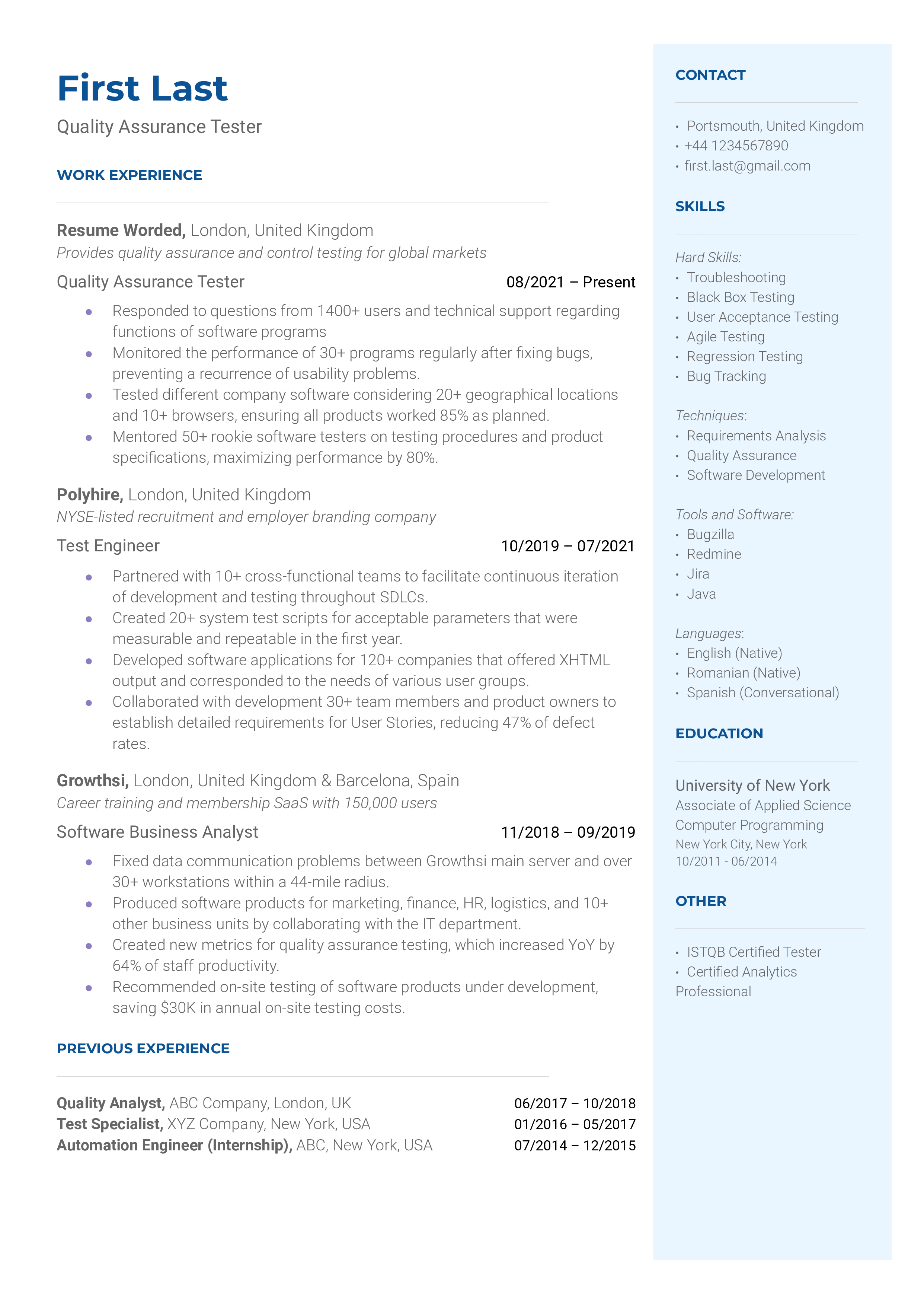 An example of a QA Software Tester CV showcasing relevant skills, methodologies, and automation tools experience.