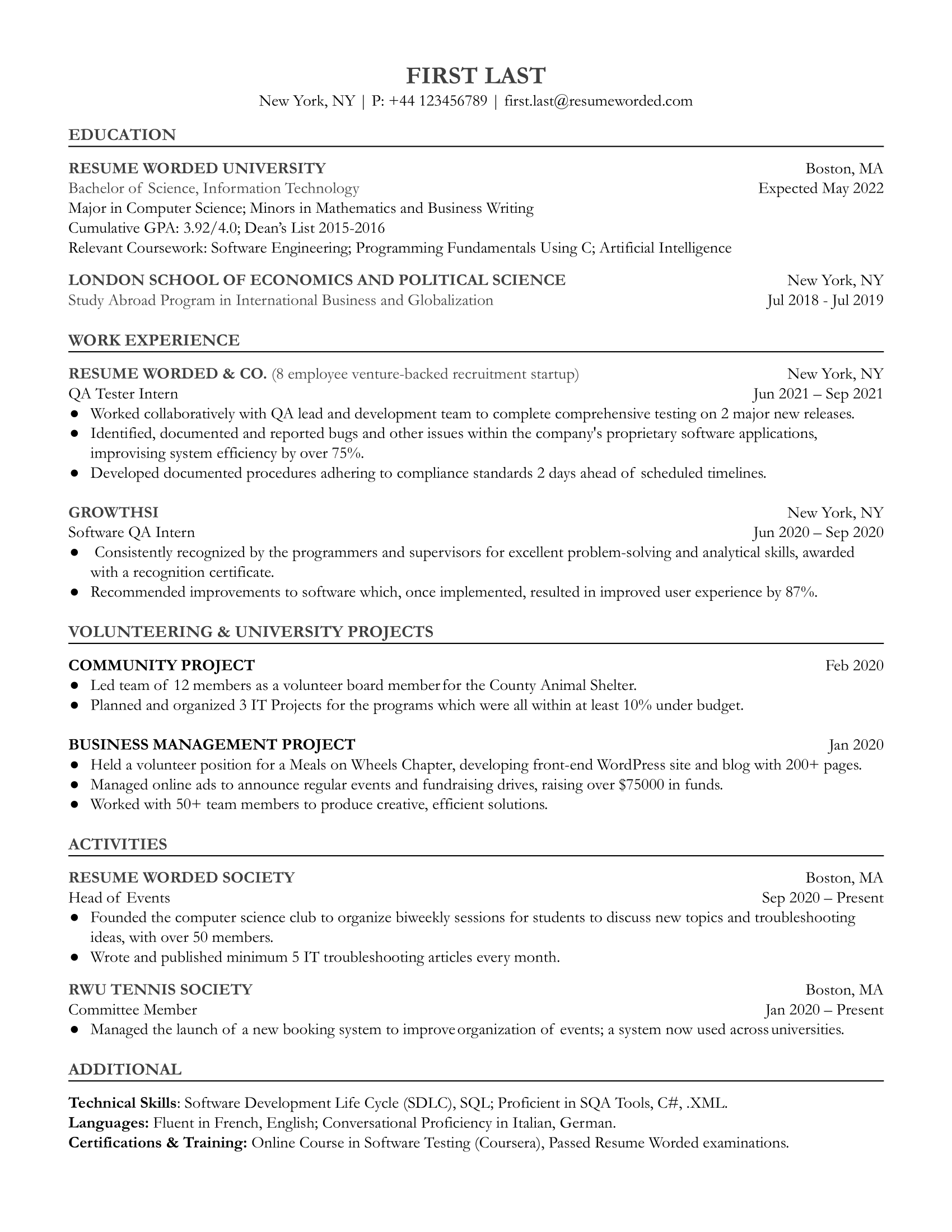 Entry-level QA tester resume with emphasis on testing methodologies and automation skills.