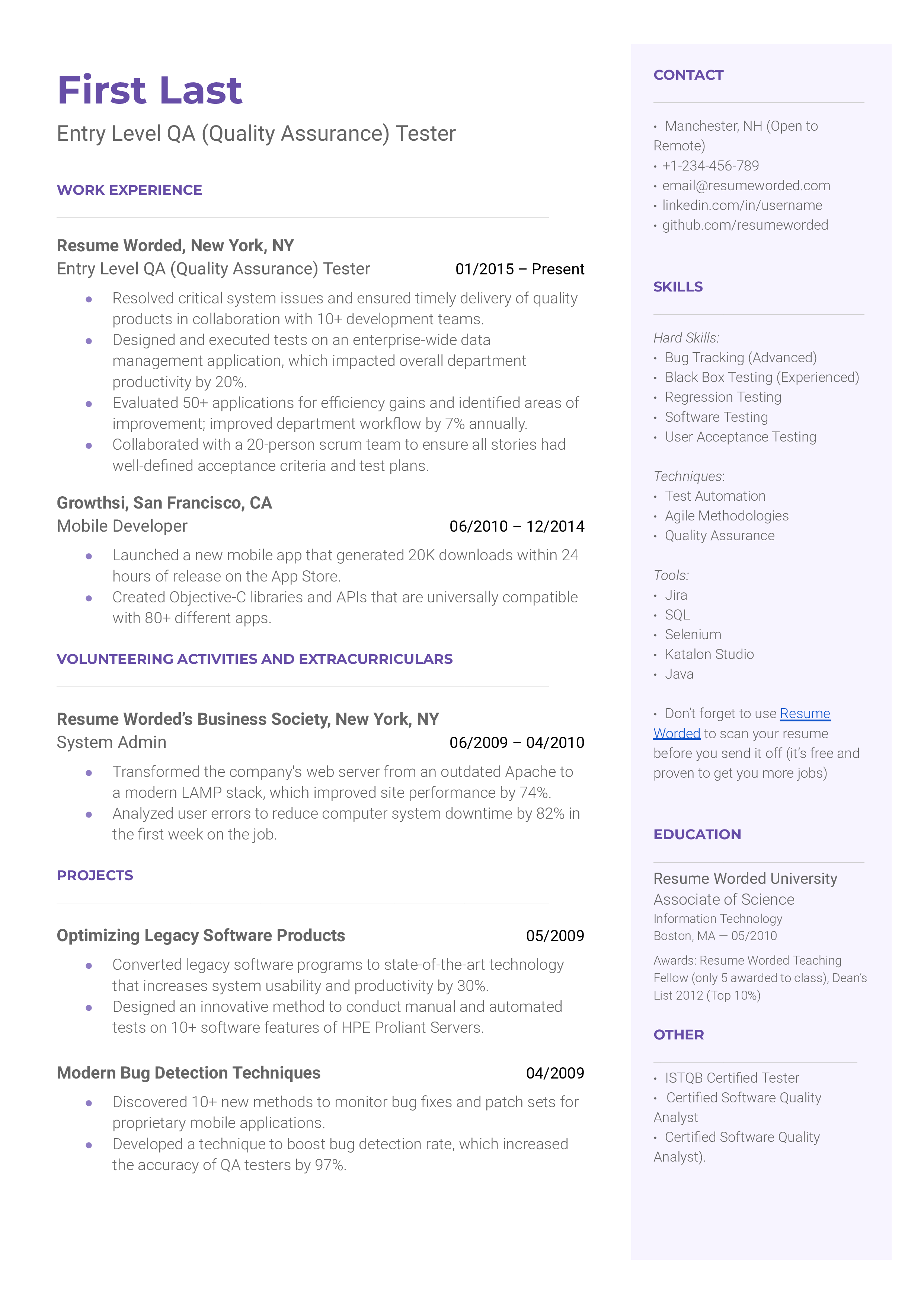 Entry-level QA tester resume with emphasis on testing methodologies and automation skills.