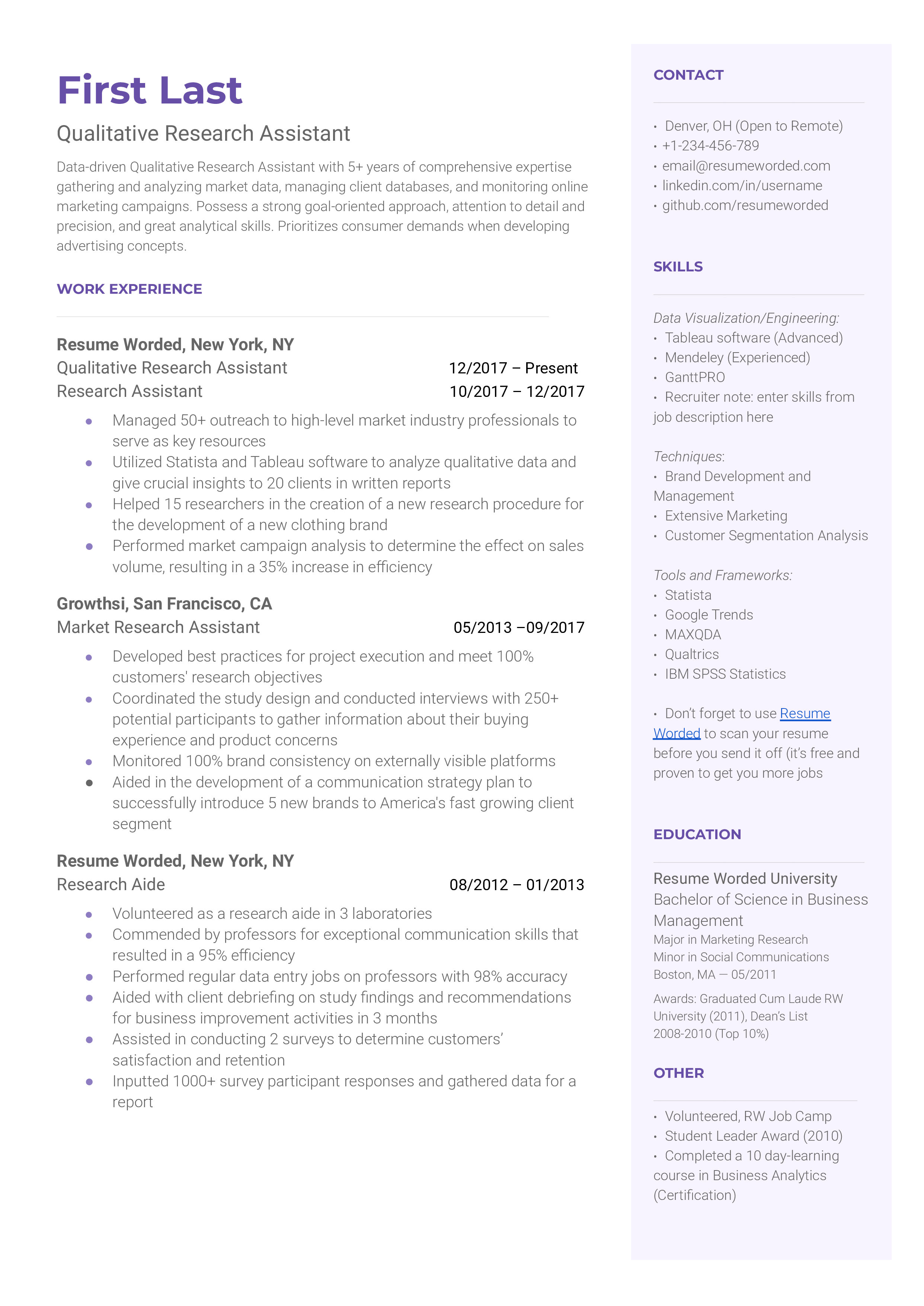 Qualitative Research Assistant Resume Sample