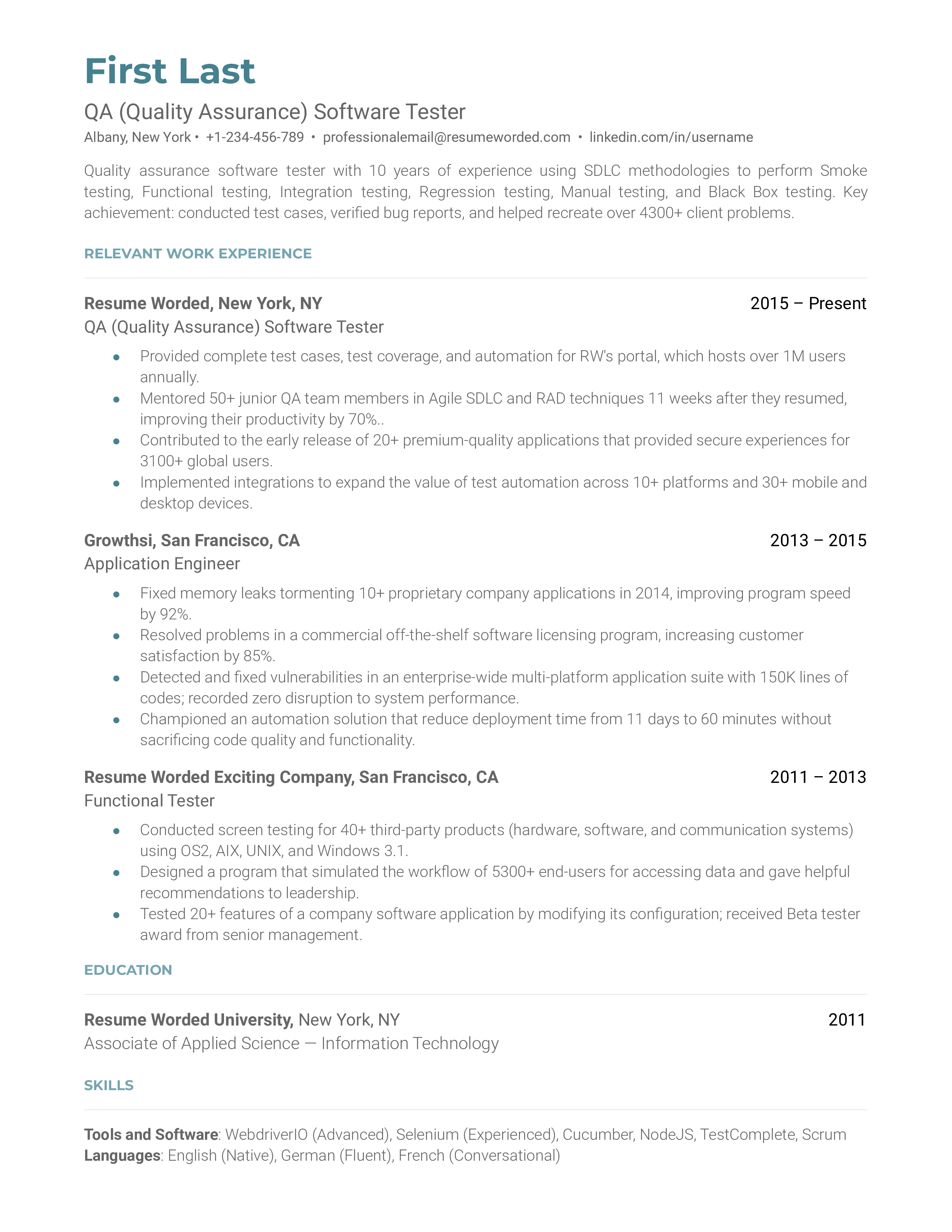 16 Quality Assurance Resume Examples for 2024 | Resume Worded