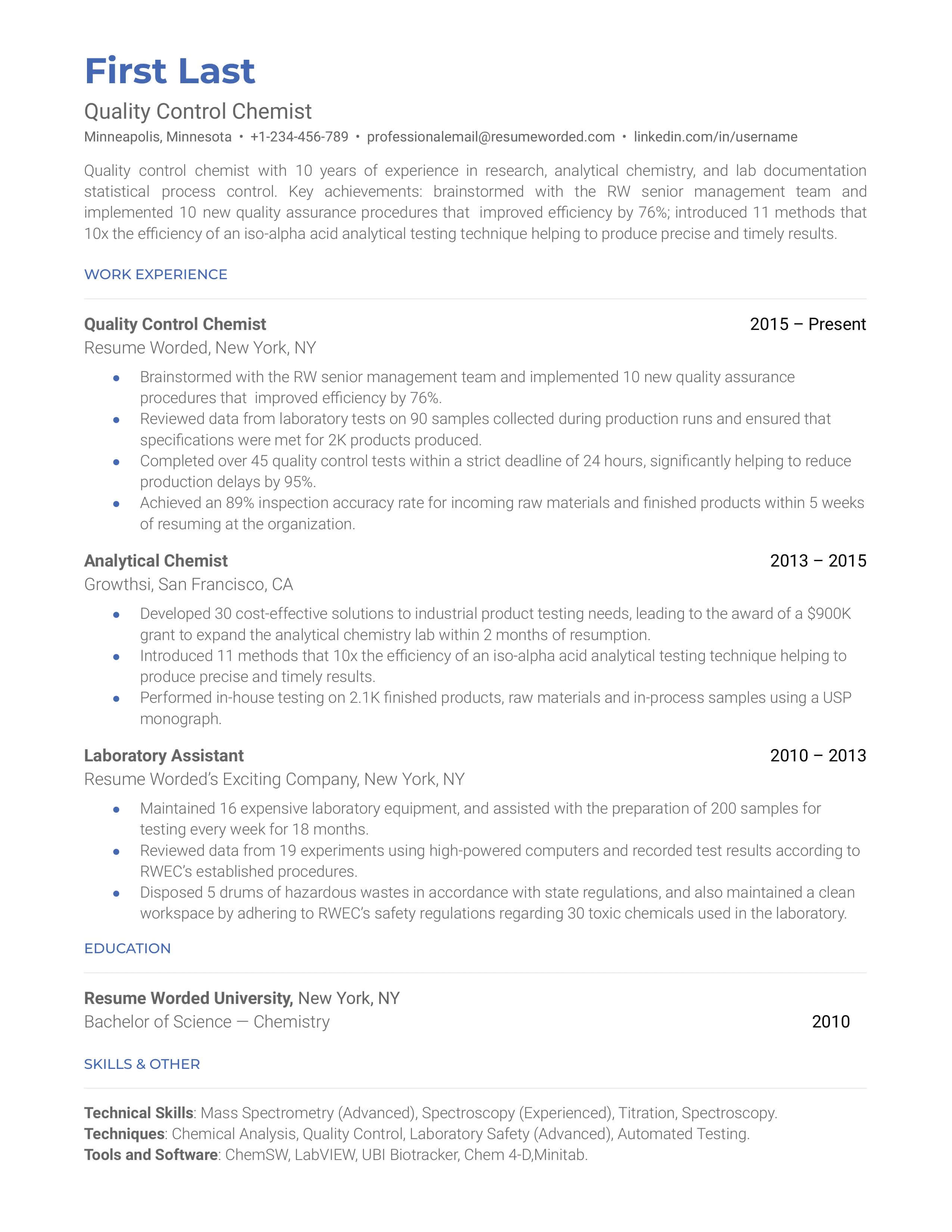 Quality Control Chemist CV Example for 2023 | Resume Worded