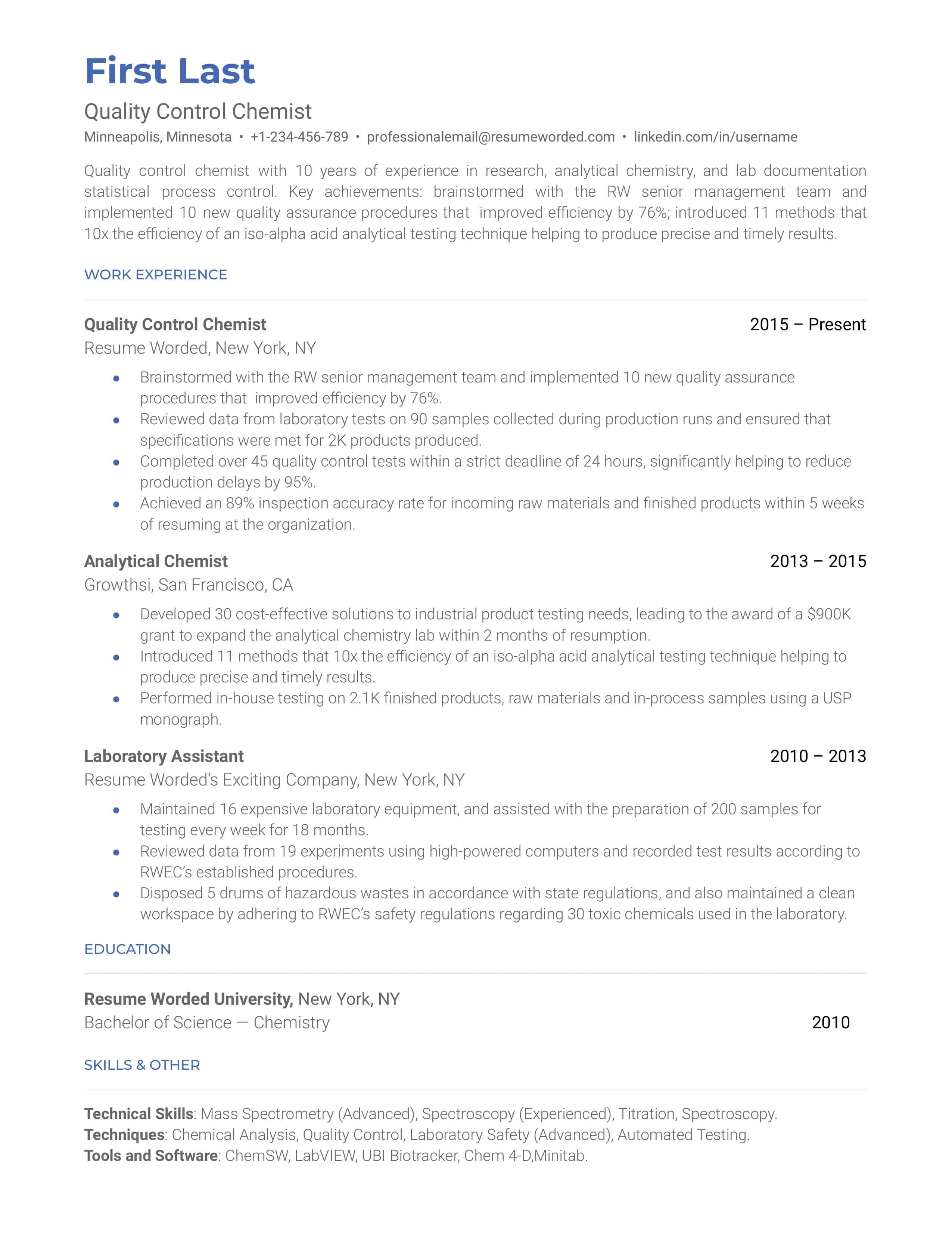 A quality control chemist resume template that showcases a brief description, relevant work history, and contact info.