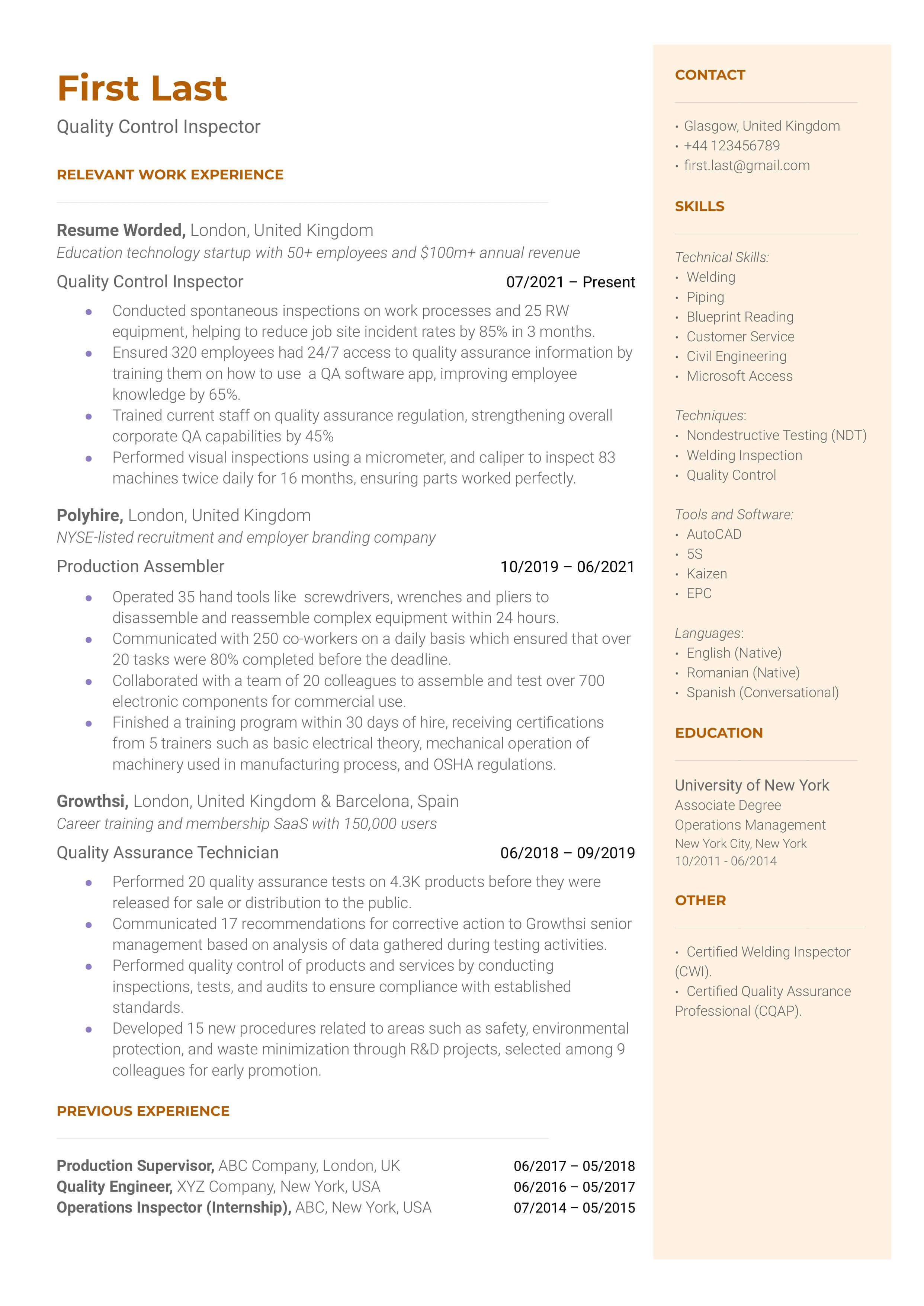 A quality control inspector resume example that includes relevant work experience, skills, and contact information. 