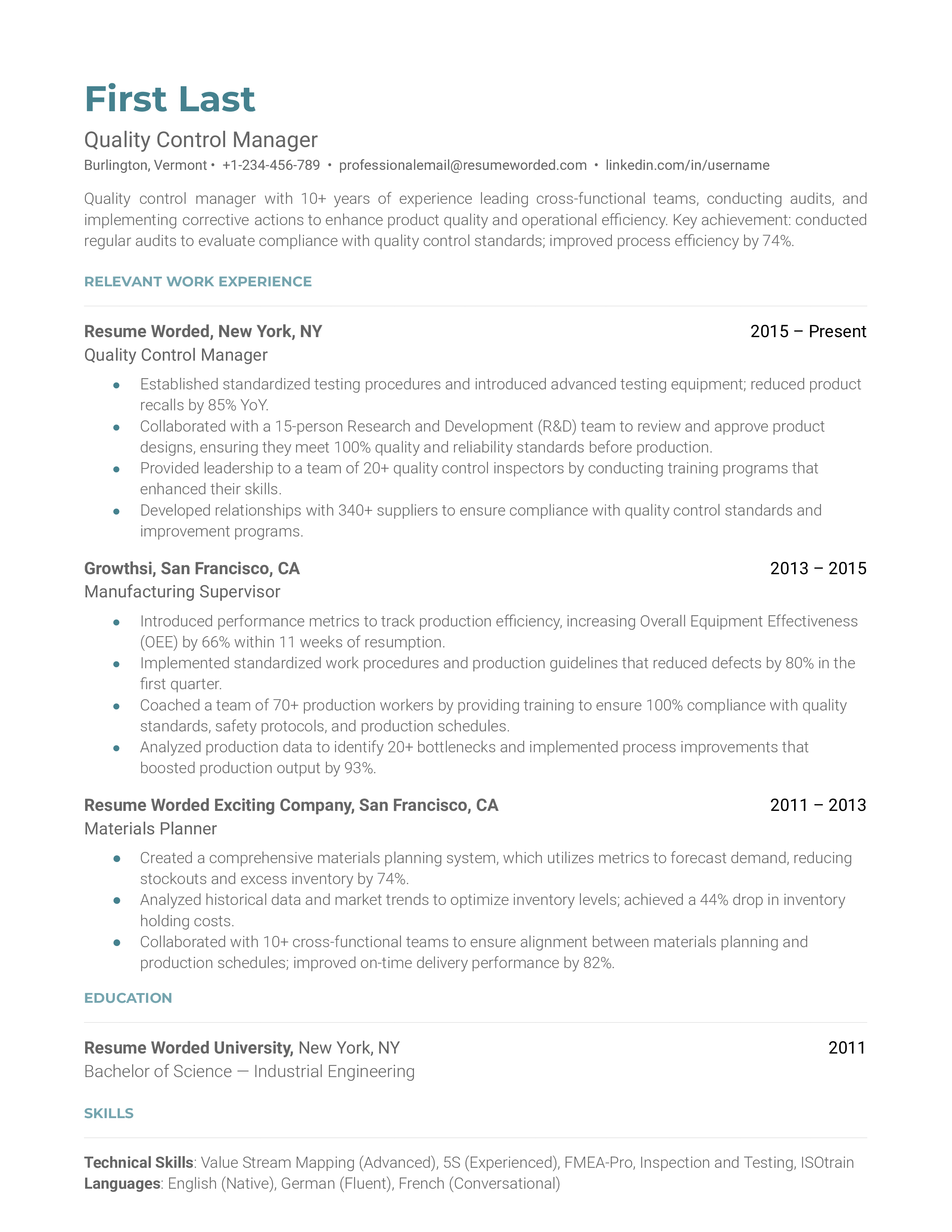 Resume of a Quality Control Manager showcasing relevant certifications and communication skills.