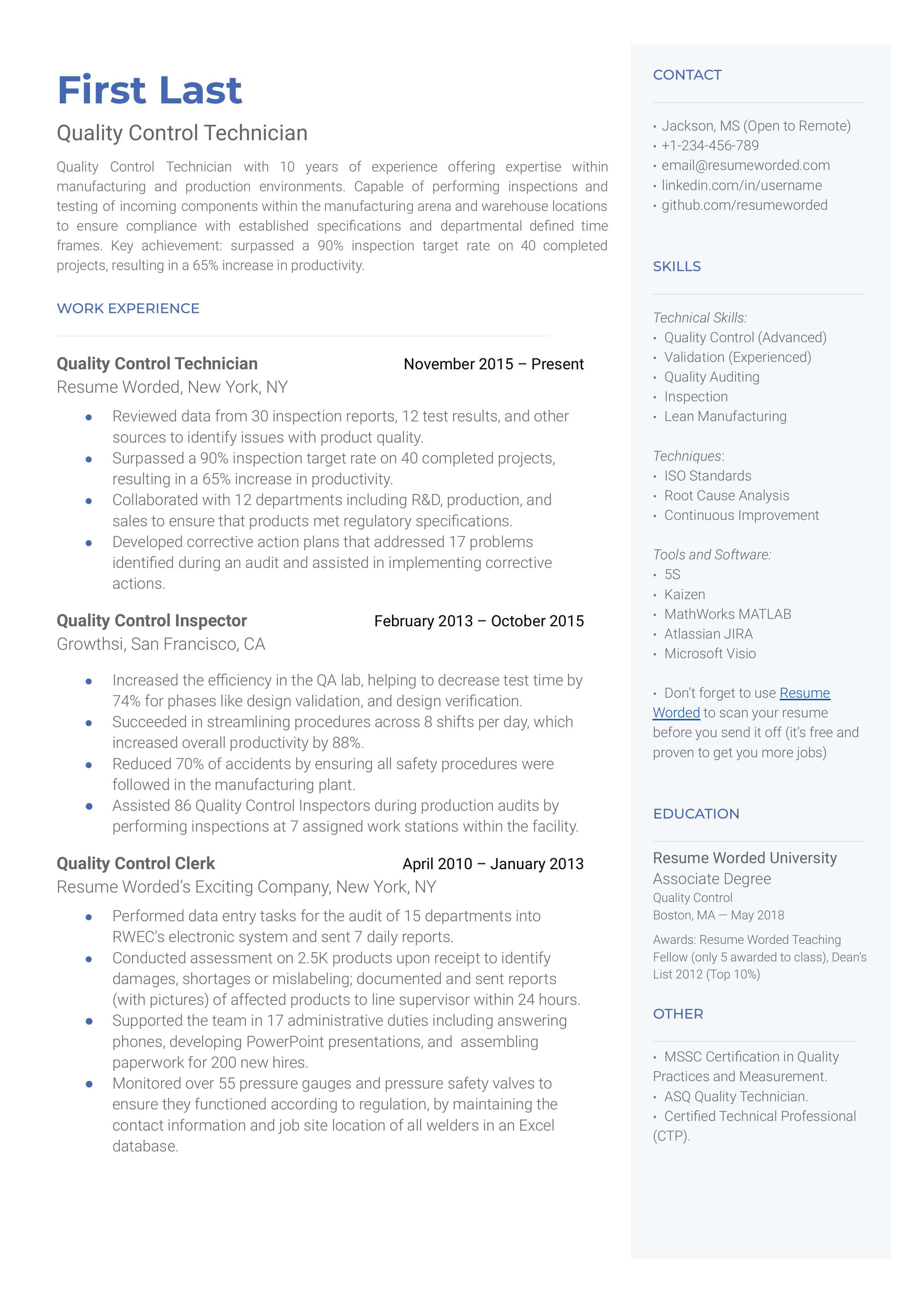 CV detailing technical skills and problem-solving abilities for a Quality Control Technician role.