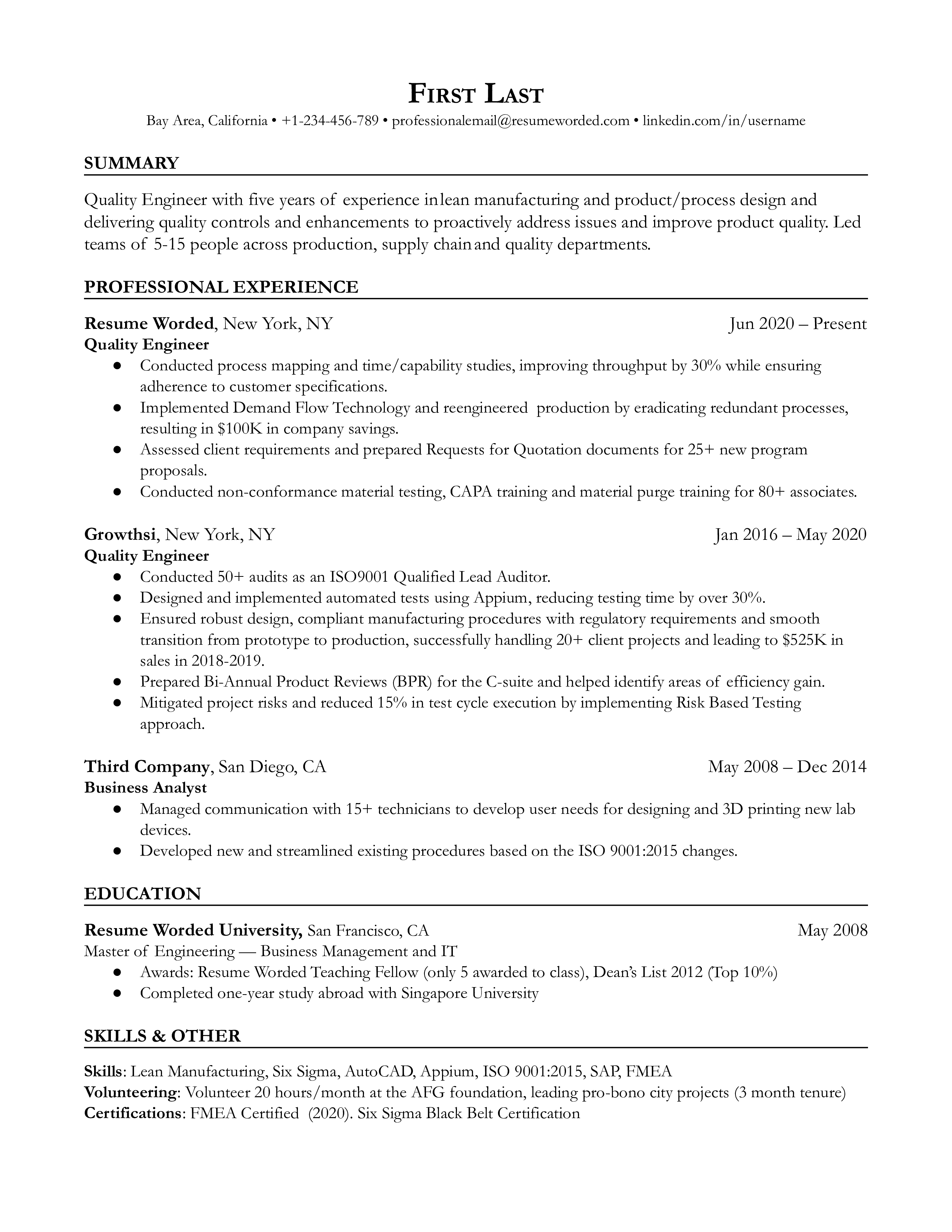 Detailed CV of a Quality Engineer showcasing technical skills and continuous improvement initiatives.