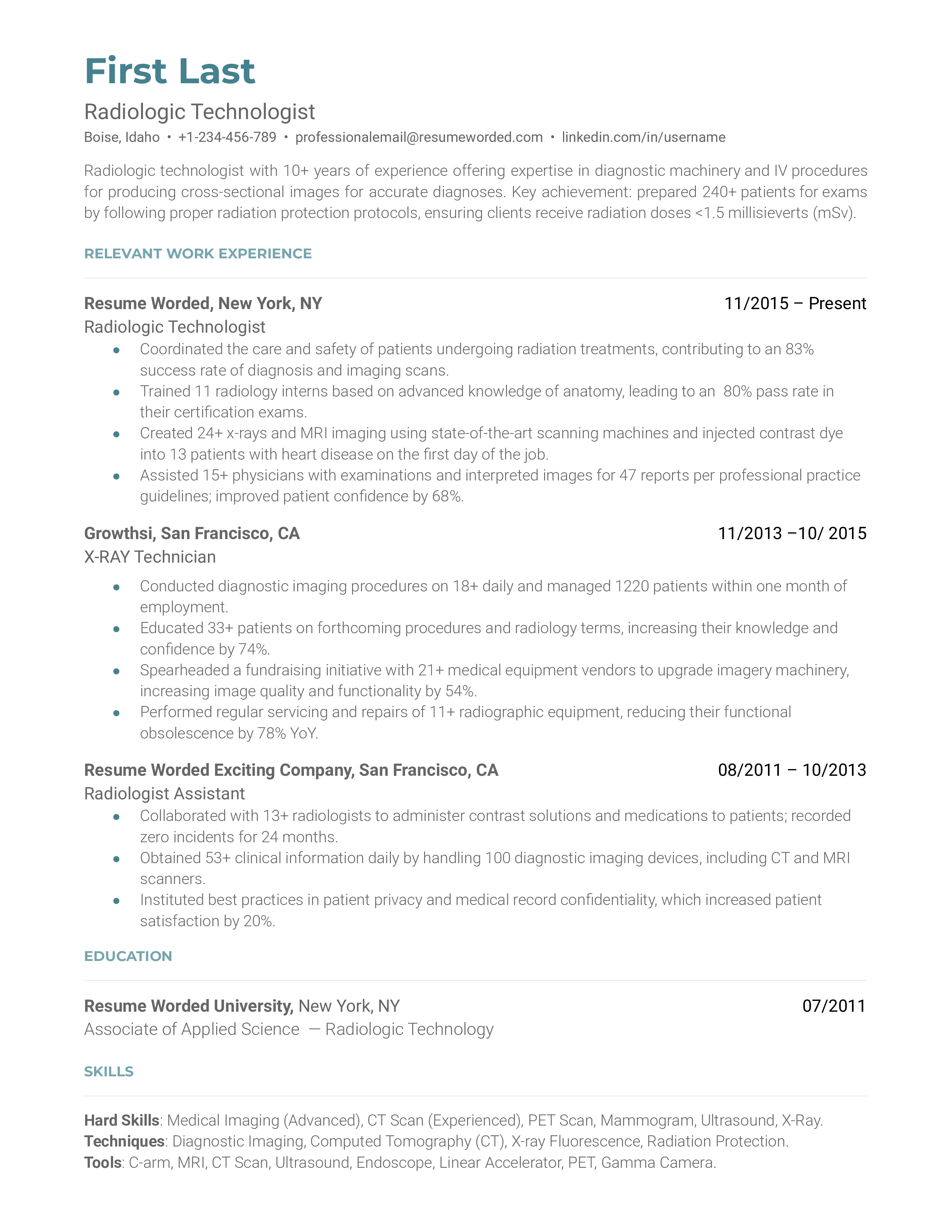 3 Radiologic Technologist Resume Examples for 2024 Resume Worded