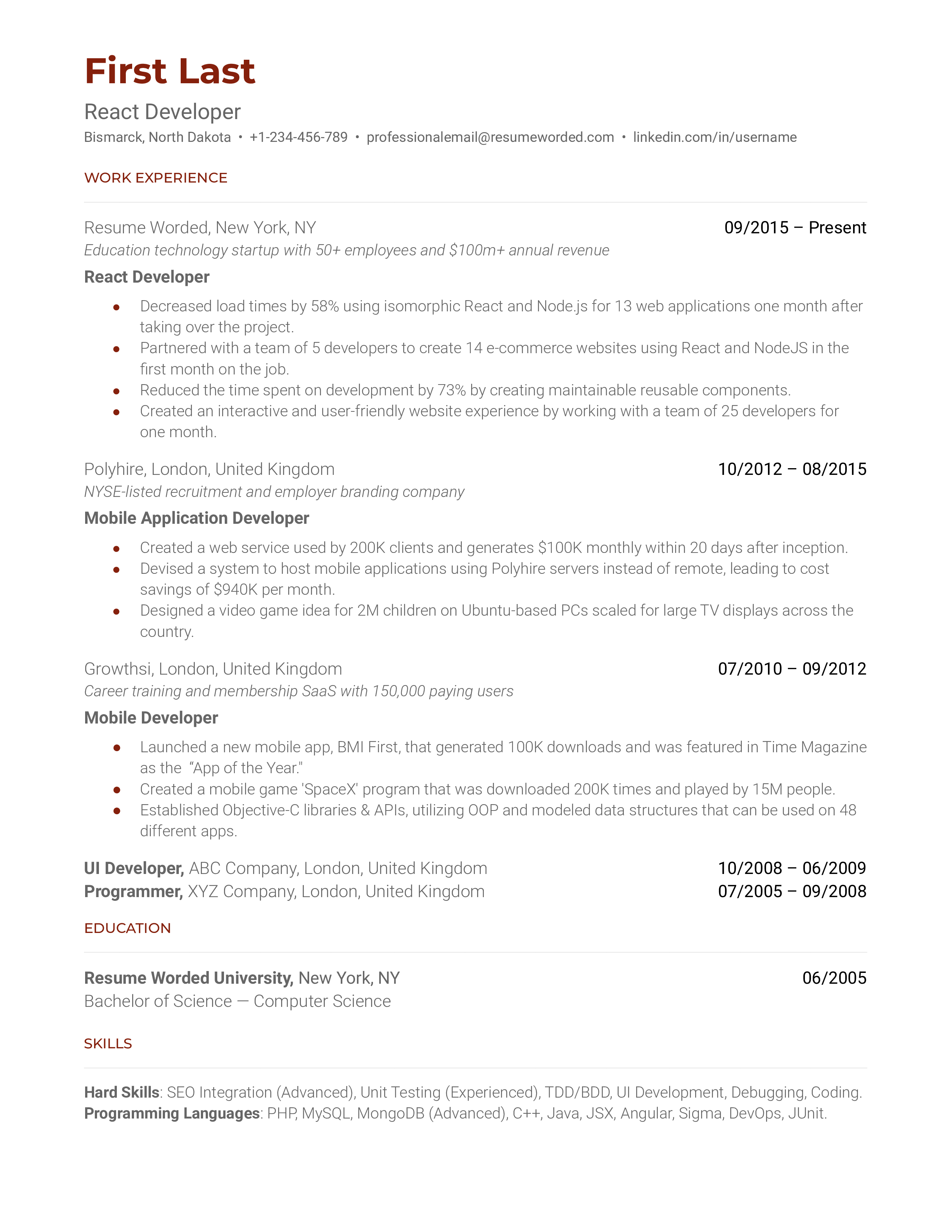 A react developer resume template that is tailored to the software development industry