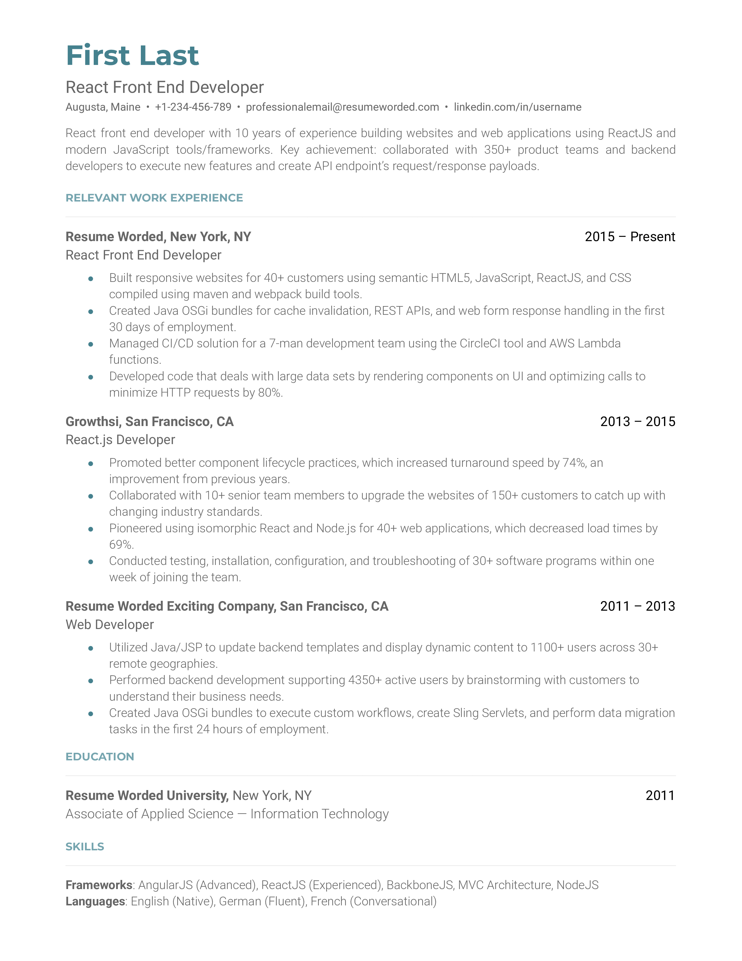 React Front End Developer Resume Example for 2023 Resume Worded