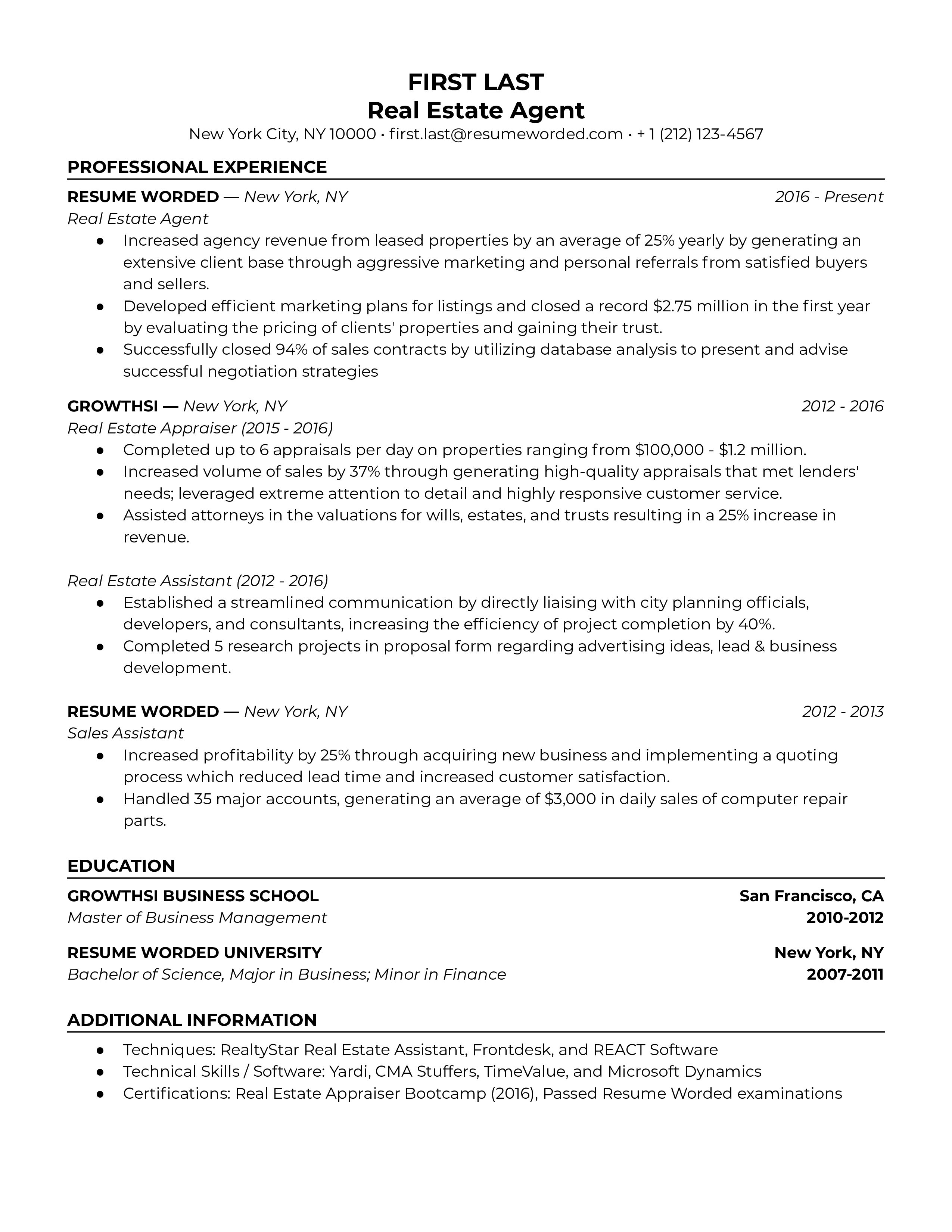 Real estate agent resume highlighting tech skills and local market knowledge.