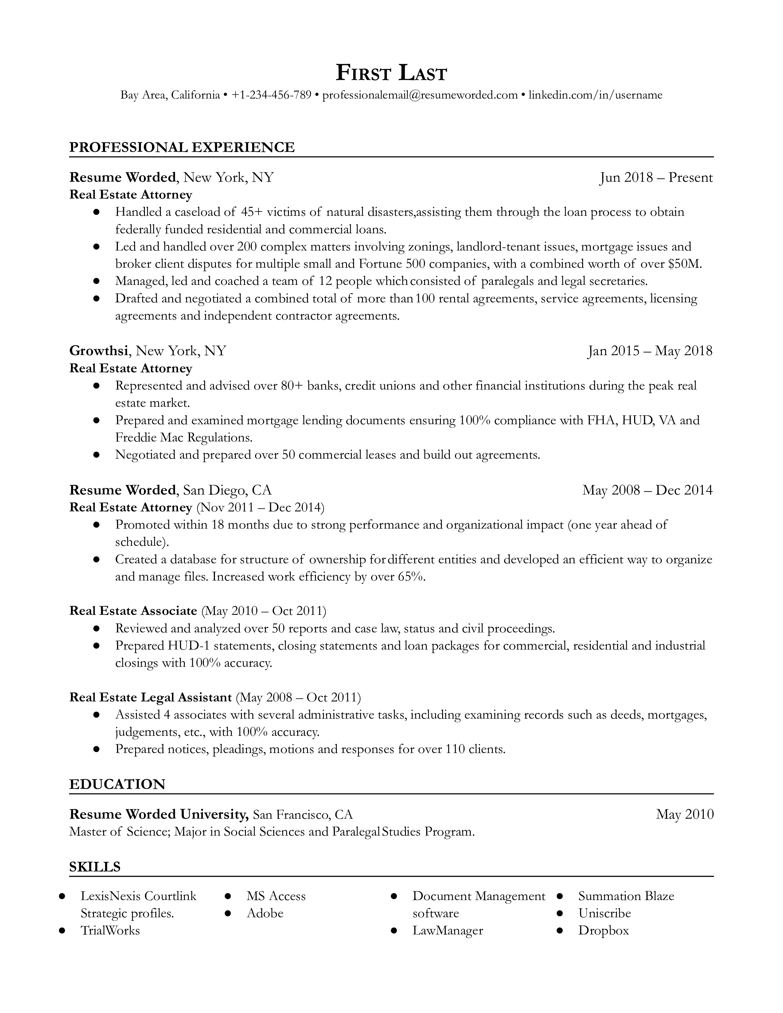 Real estate attorney resume template example focusing on a specific field of law and providing additional context in bullet points