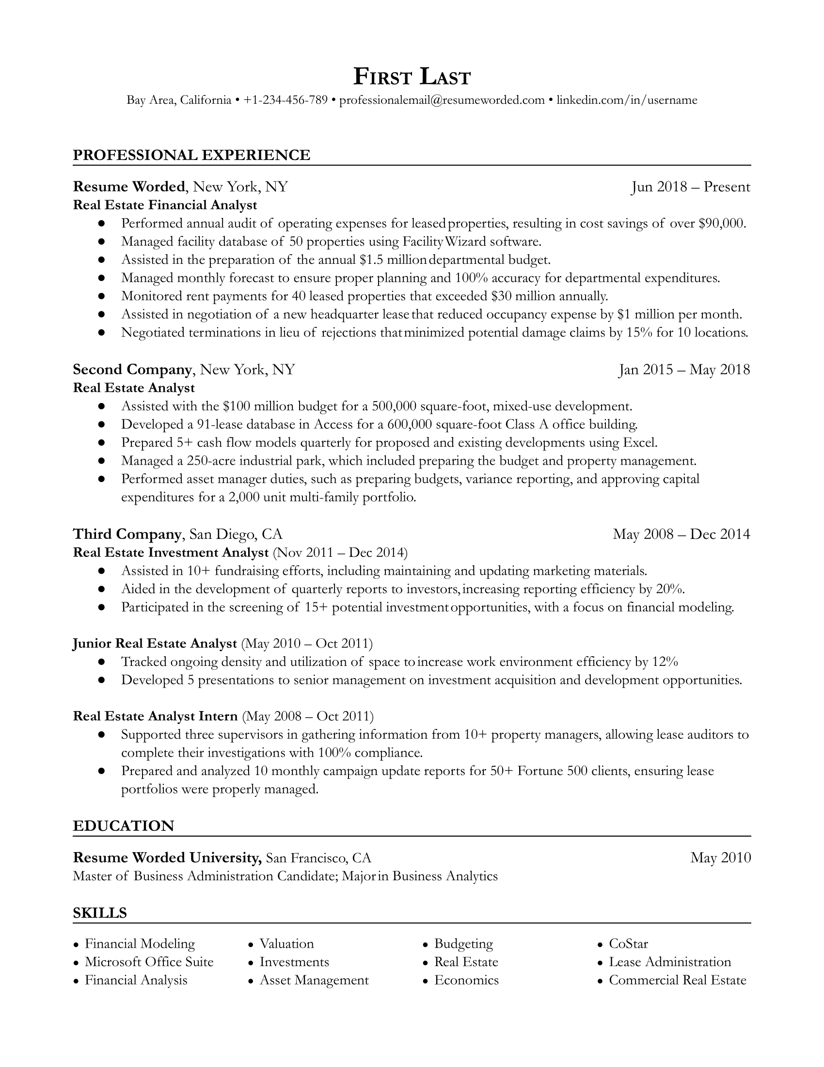 A well-structured real estate financial analyst CV showcasing specific skills and experiences.