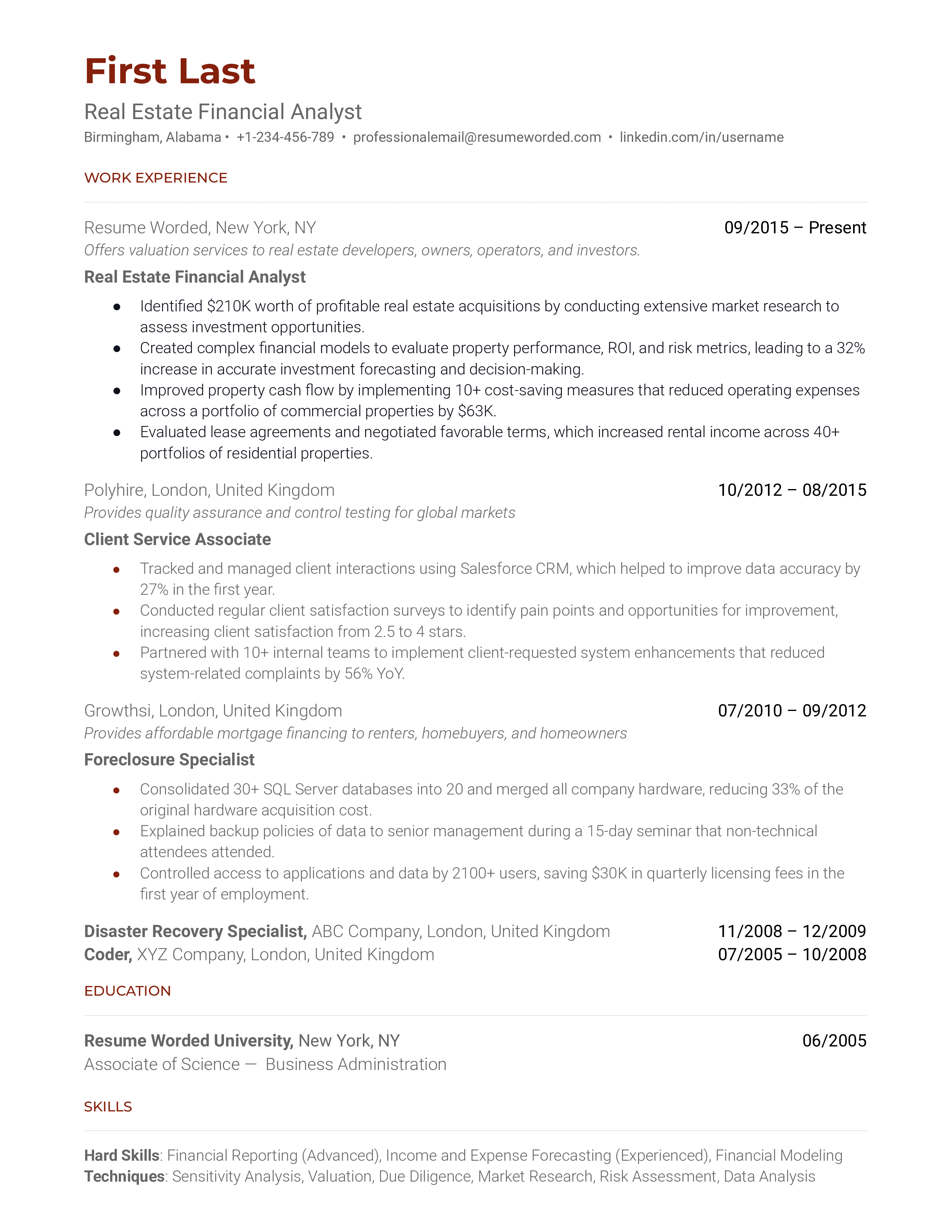 Detailed CV of a Real Estate Financial Analyst with focus on software skills and market knowledge.