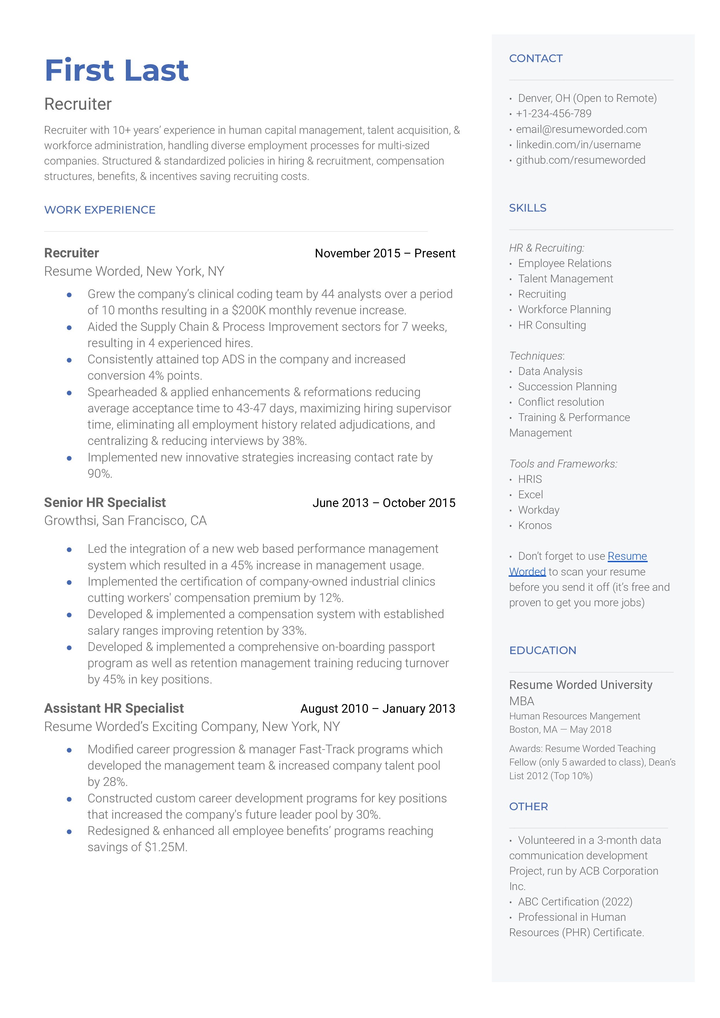 A clean, crisp CV showcasing recruitment software skills and experience in remote hiring.