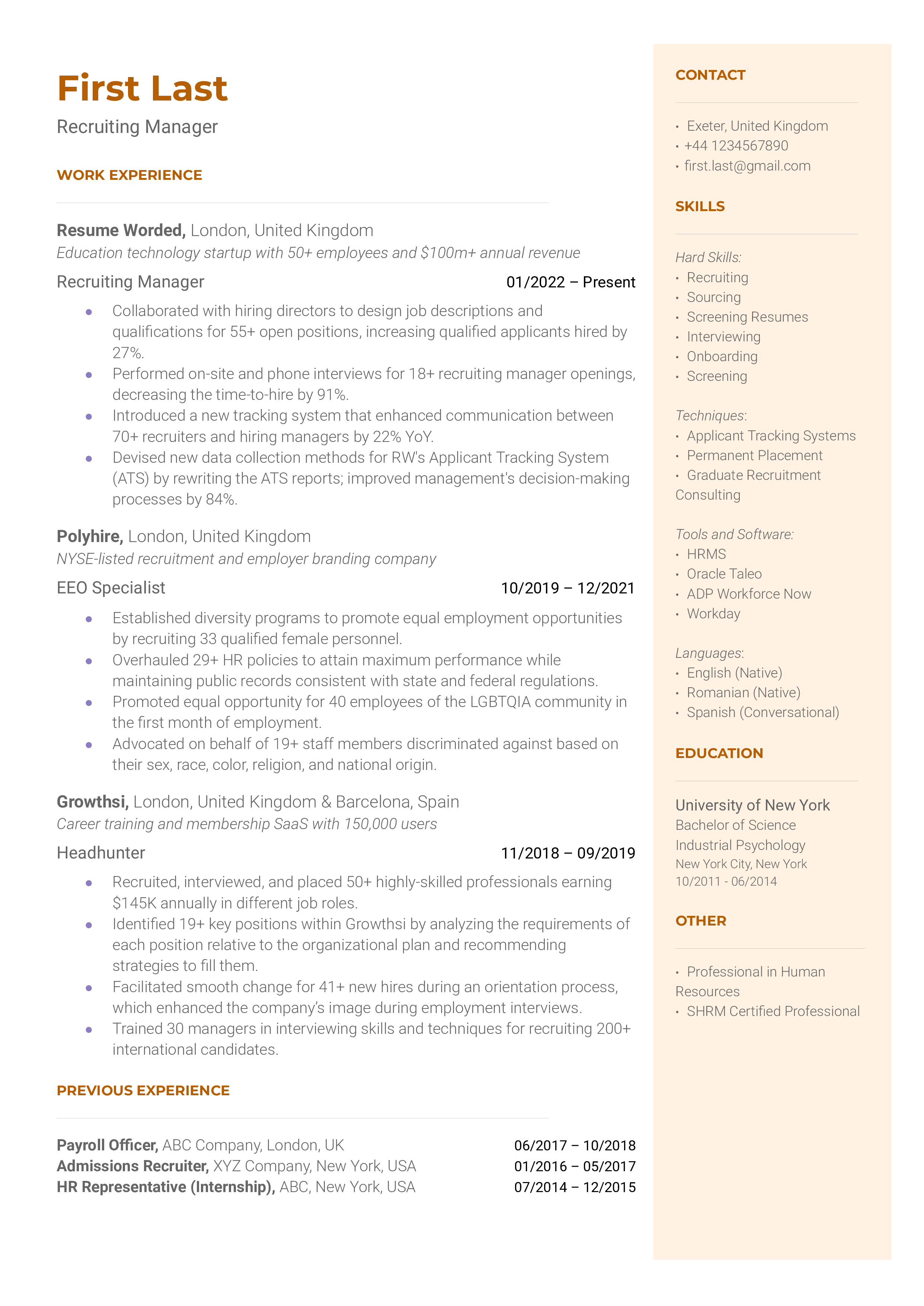 Recruiting Manager Resume Sample