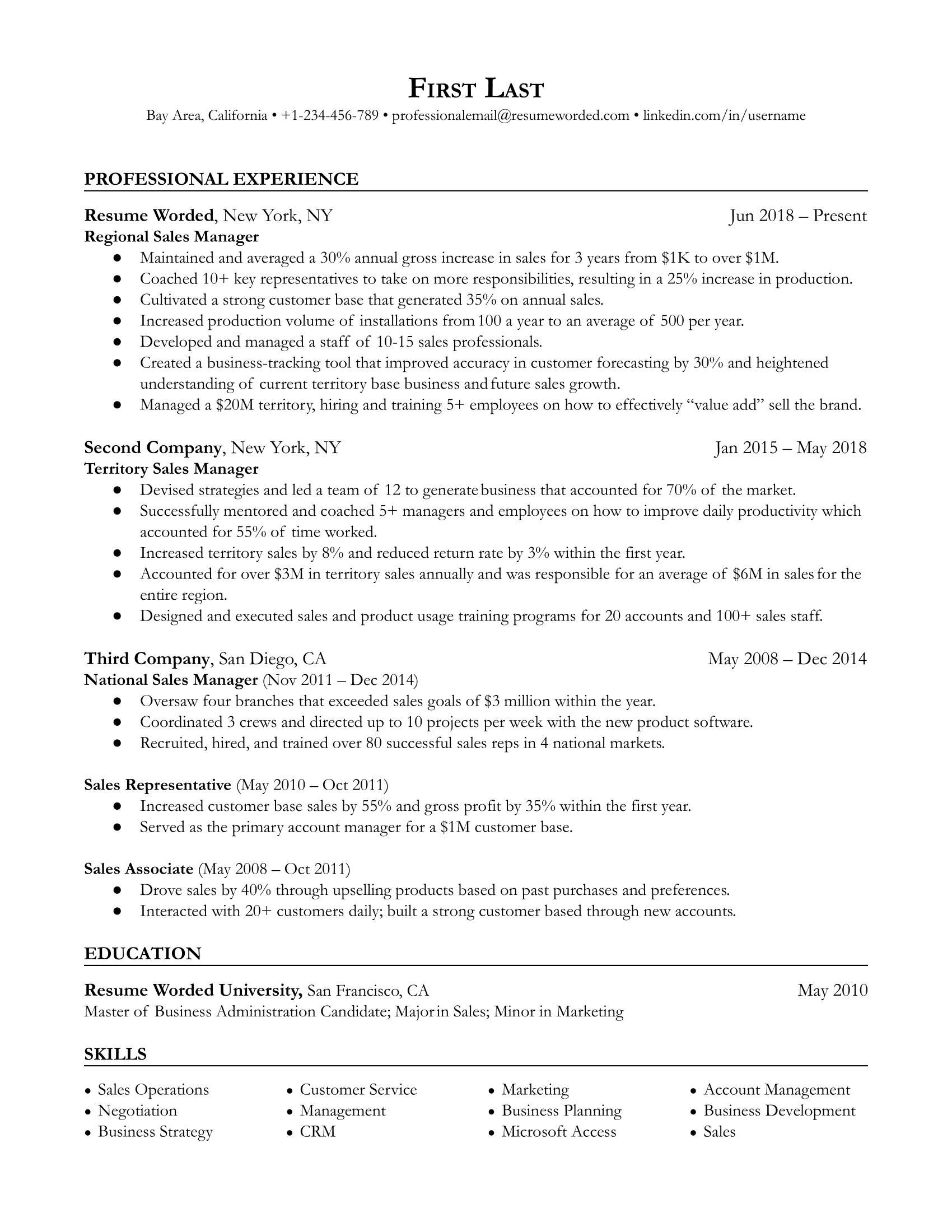 Regional Sales Manager resume featuring leadership and sales achievements.