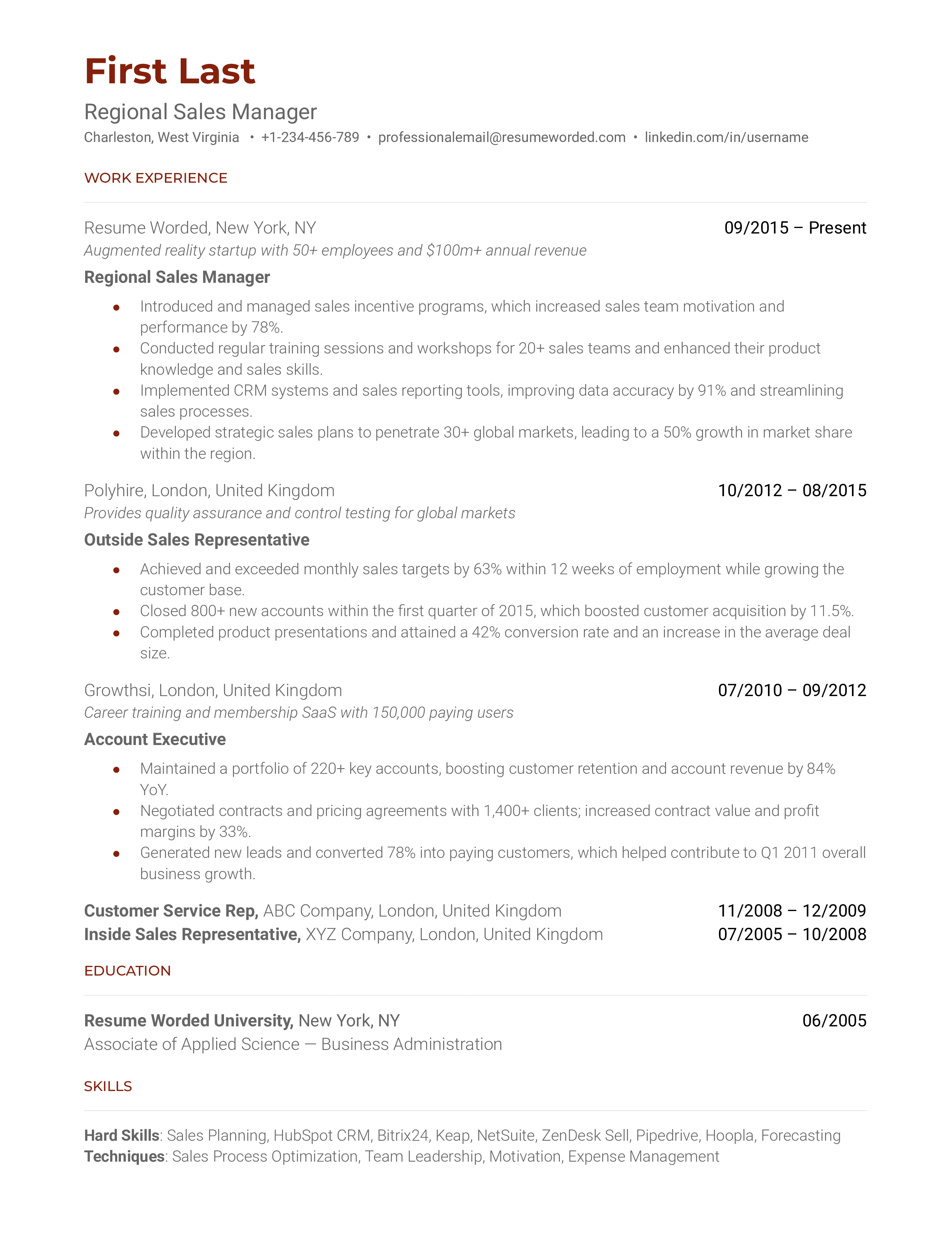 Regional Sales Manager resume featuring leadership and sales achievements.