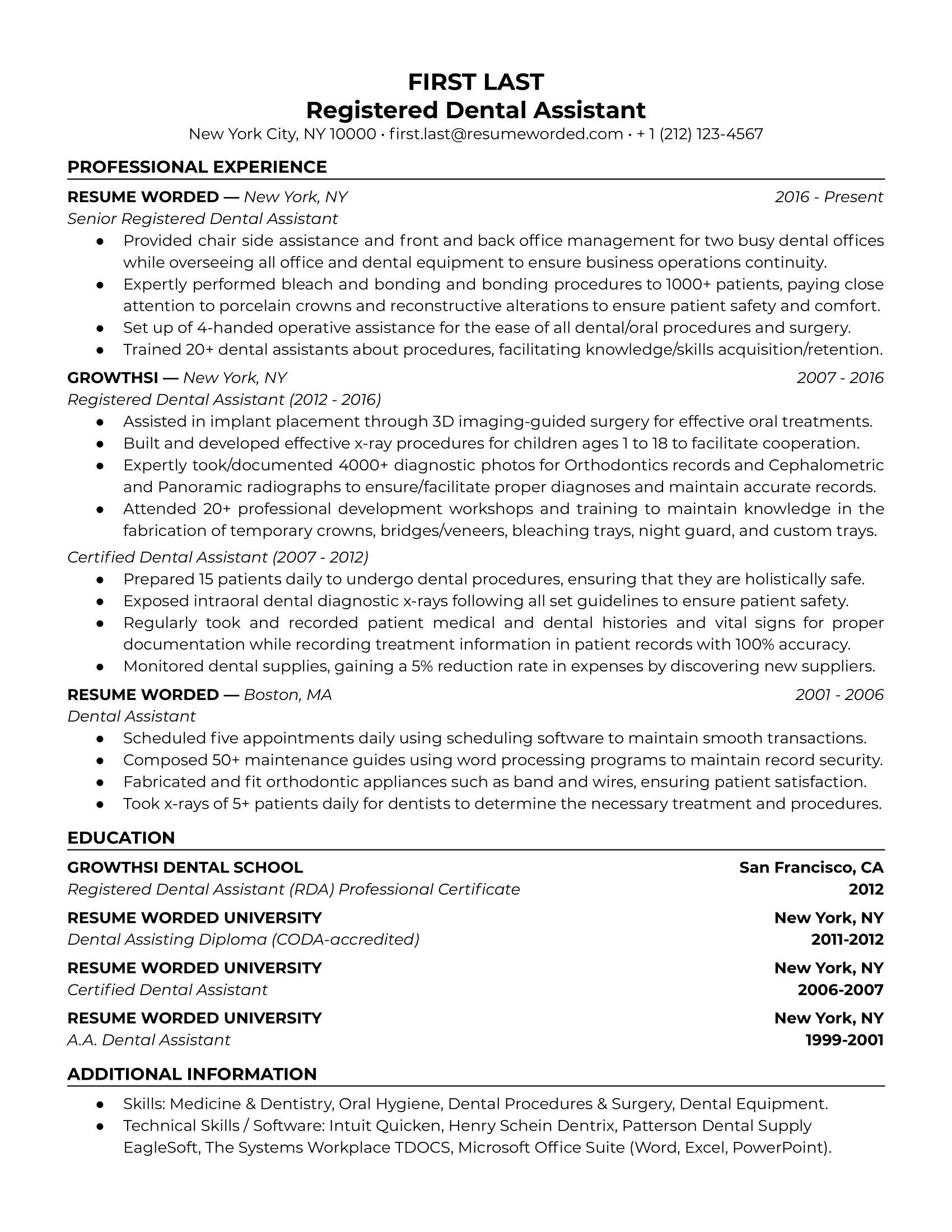 Registered Dental Assistant Resume Sample