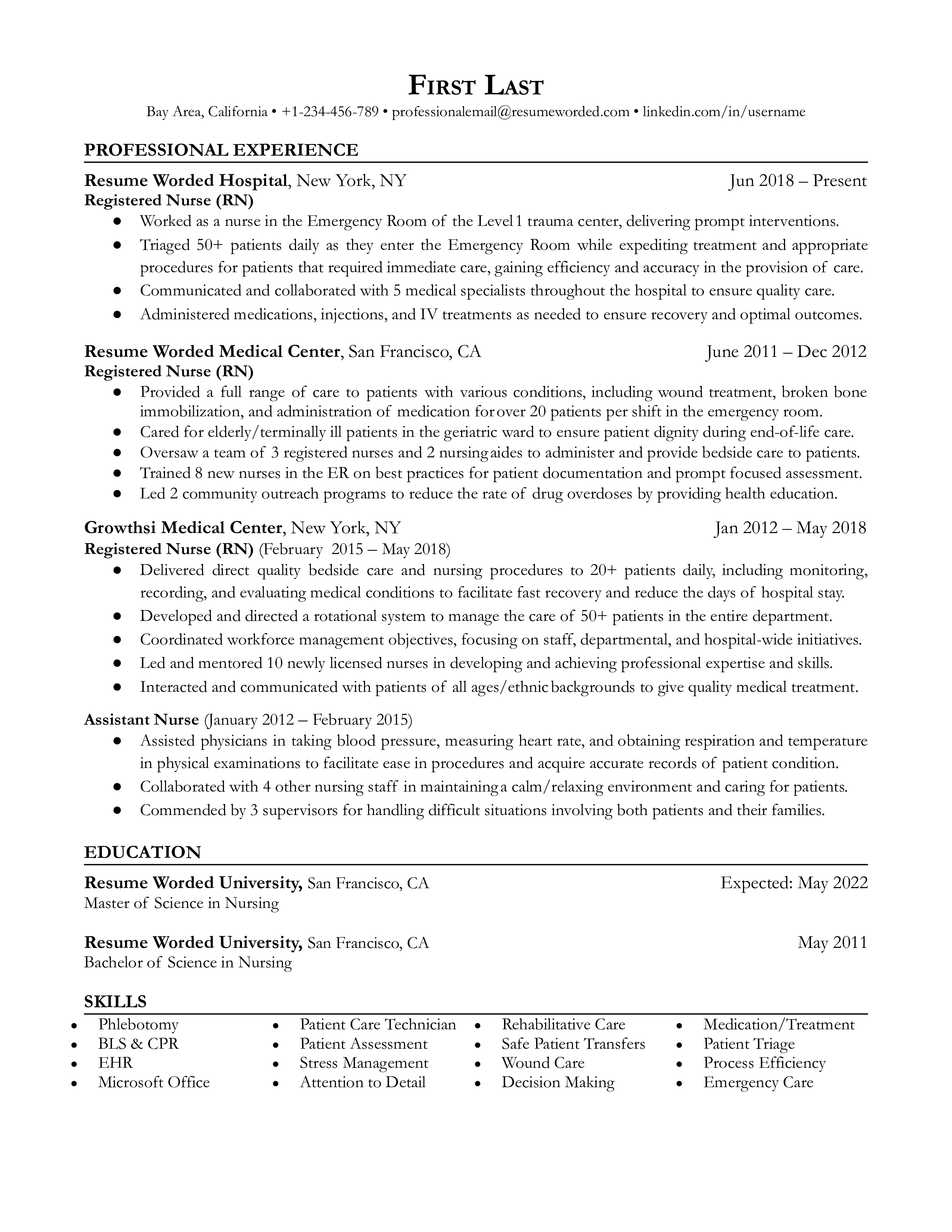 A CV of a Registered Nurse showcasing relevant skills, ongoing learning, and quantifiable impacts.