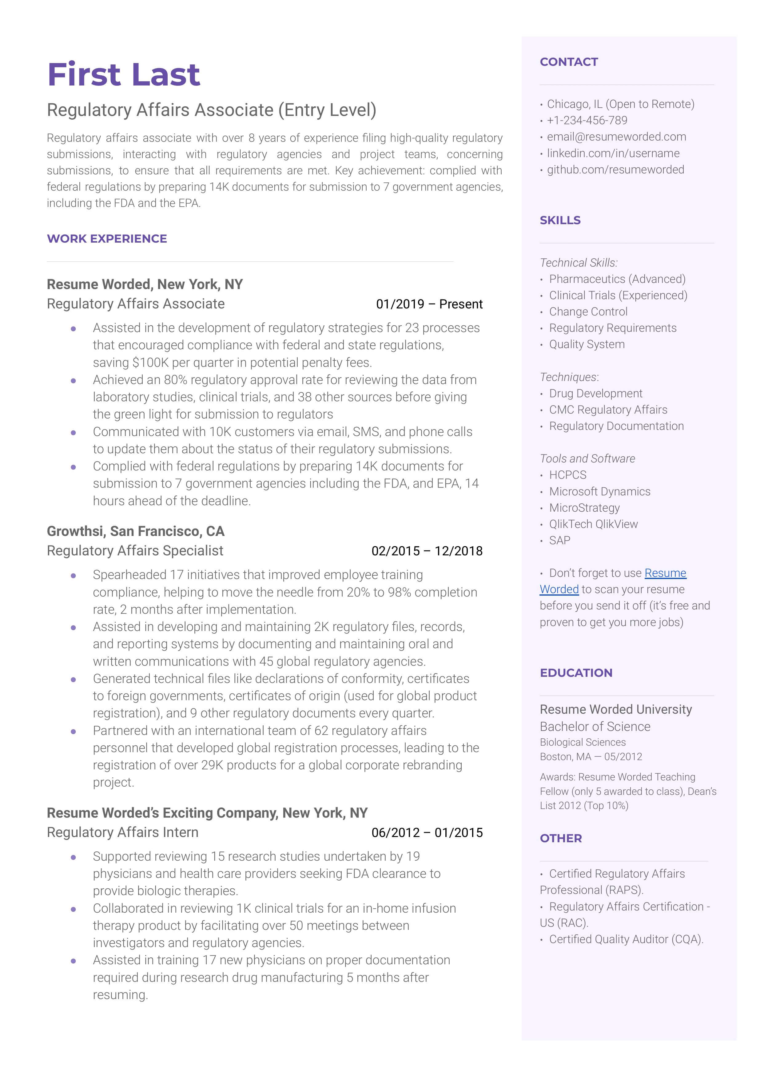 Regulatory Affairs Associate entry-level CV screenshot