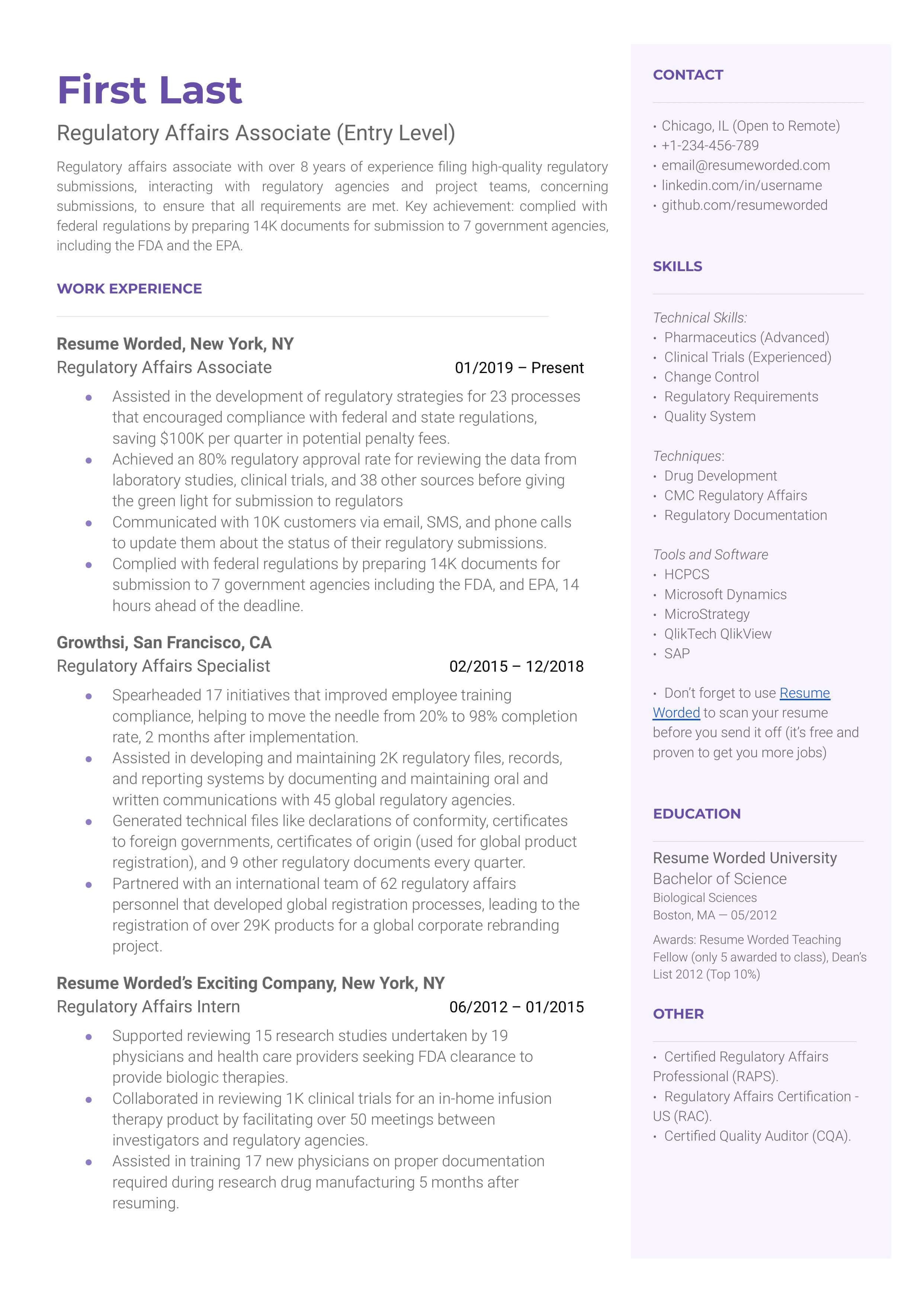 Regulatory Affairs Associate (Entry Level) Resume Example for 2023 | Resume  Worded