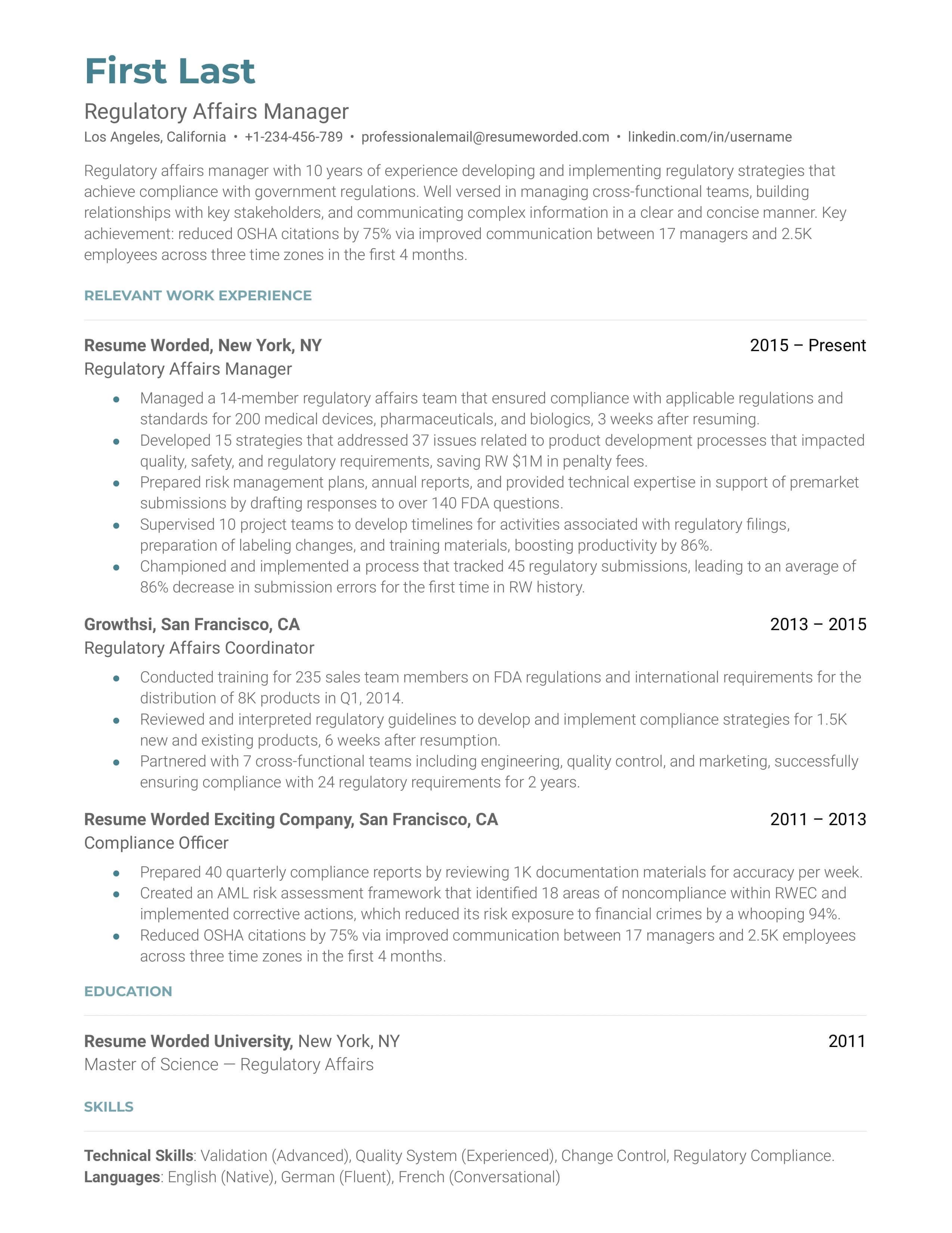A regulatory affairs manager resume example that emphasizes industry experience