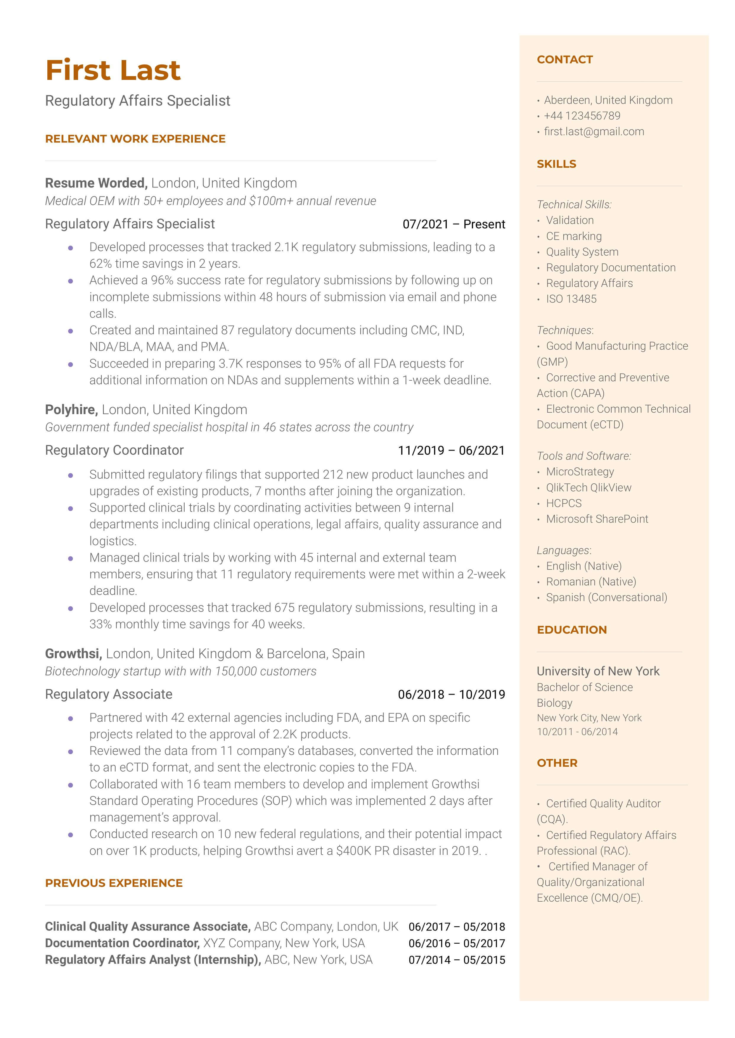A detailed CV of a candidate applying for a Regulatory Affairs Specialist role.