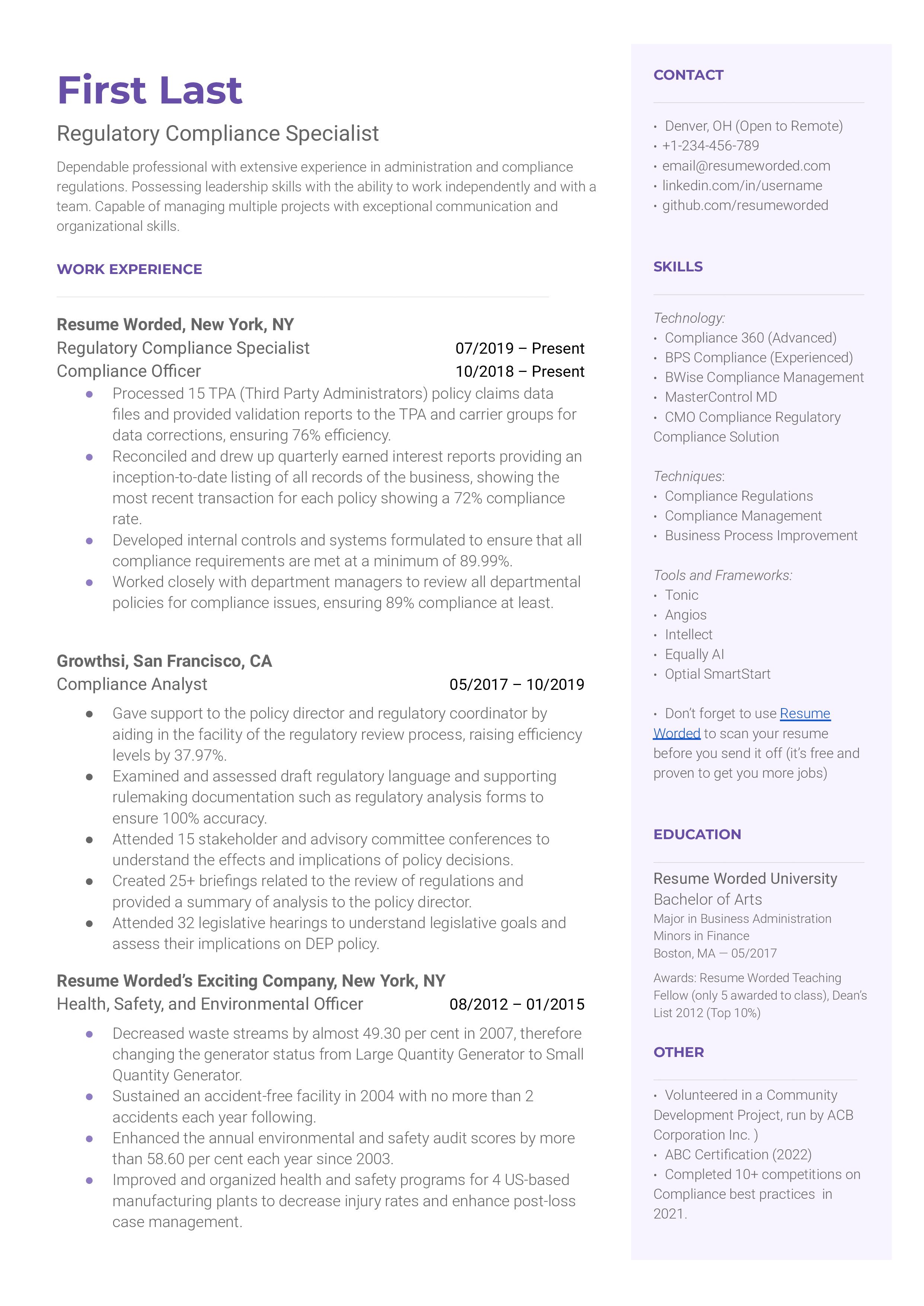 A regulatory compliance specialist resume template that highlights relevant work experience in compliance and working with regulators