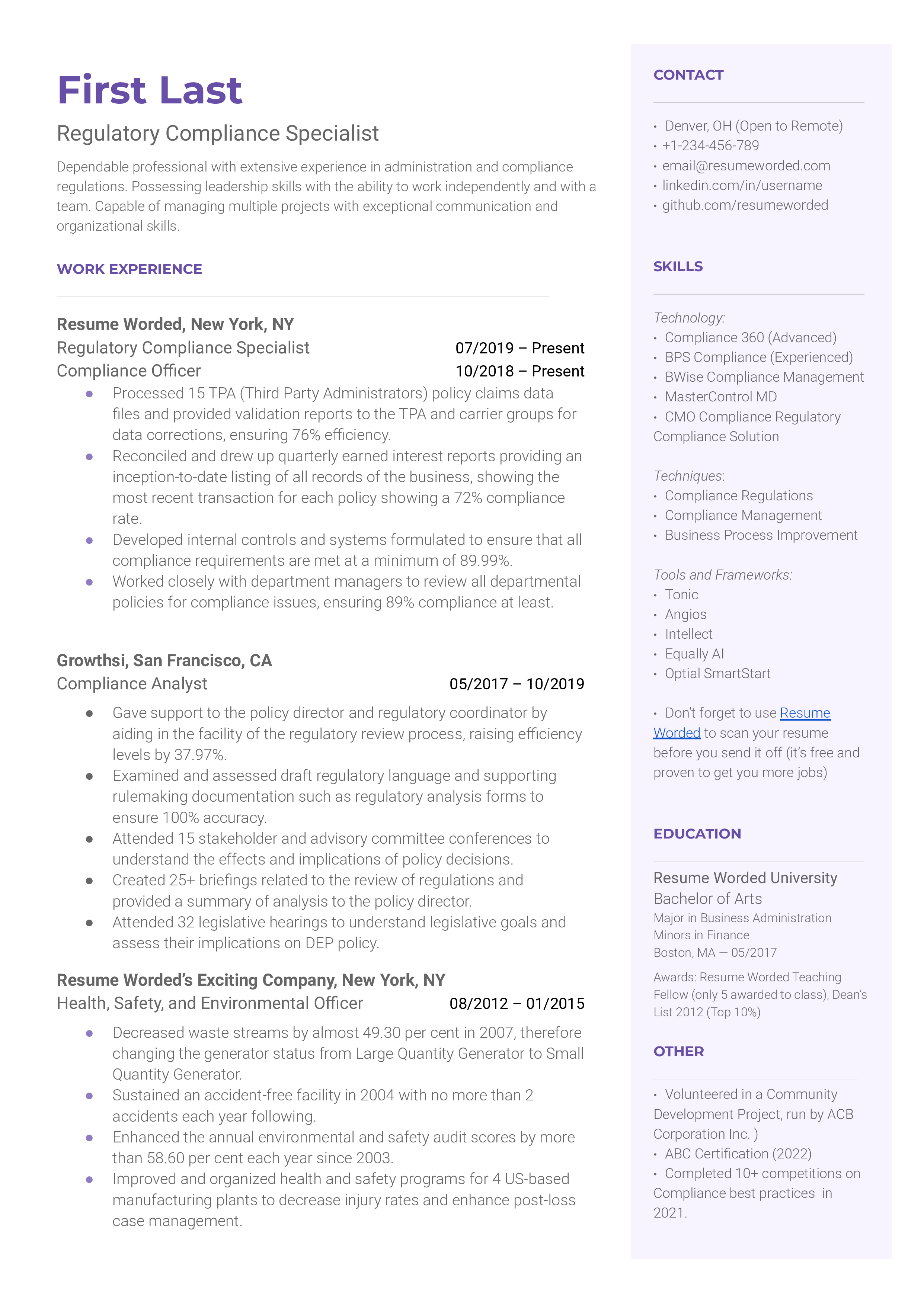 Regulatory Compliance Specialist  Resume Sample