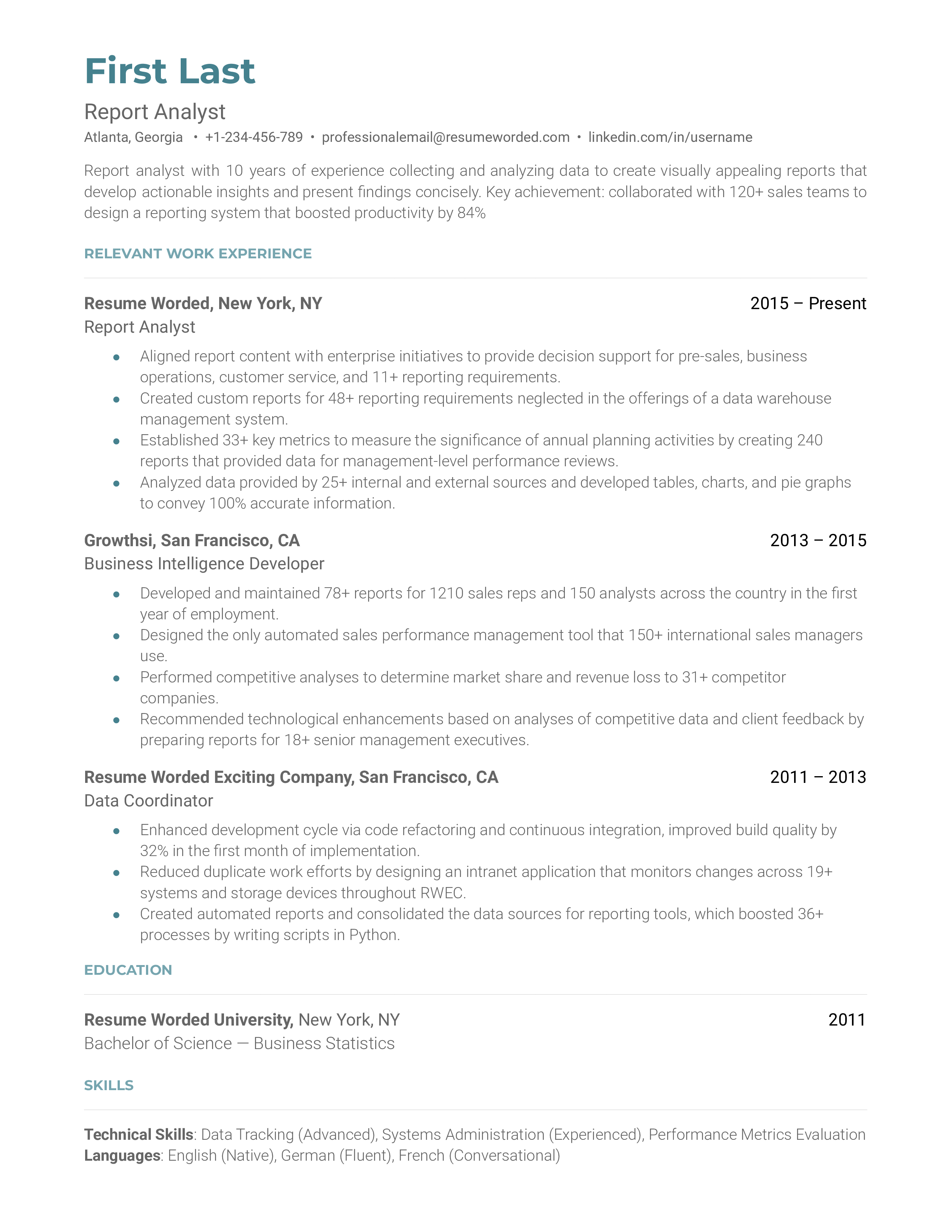 A report analyst resume template with strong action verbs.