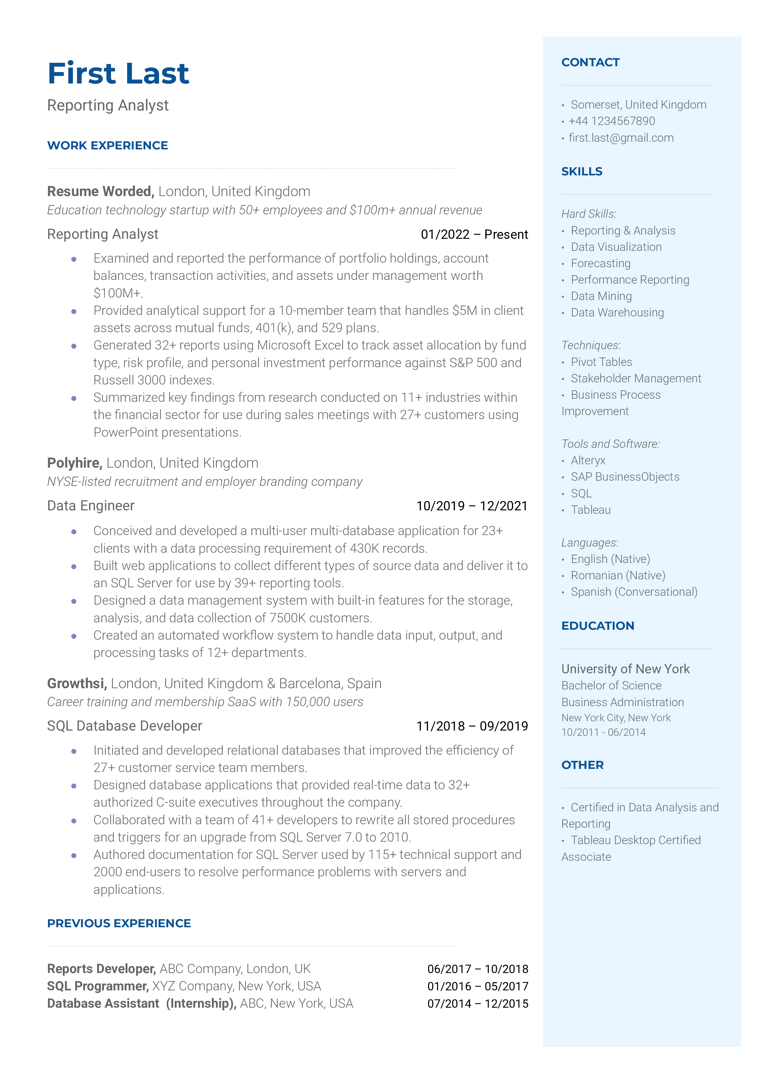 A reporting analyst resume template using relevant keywords.