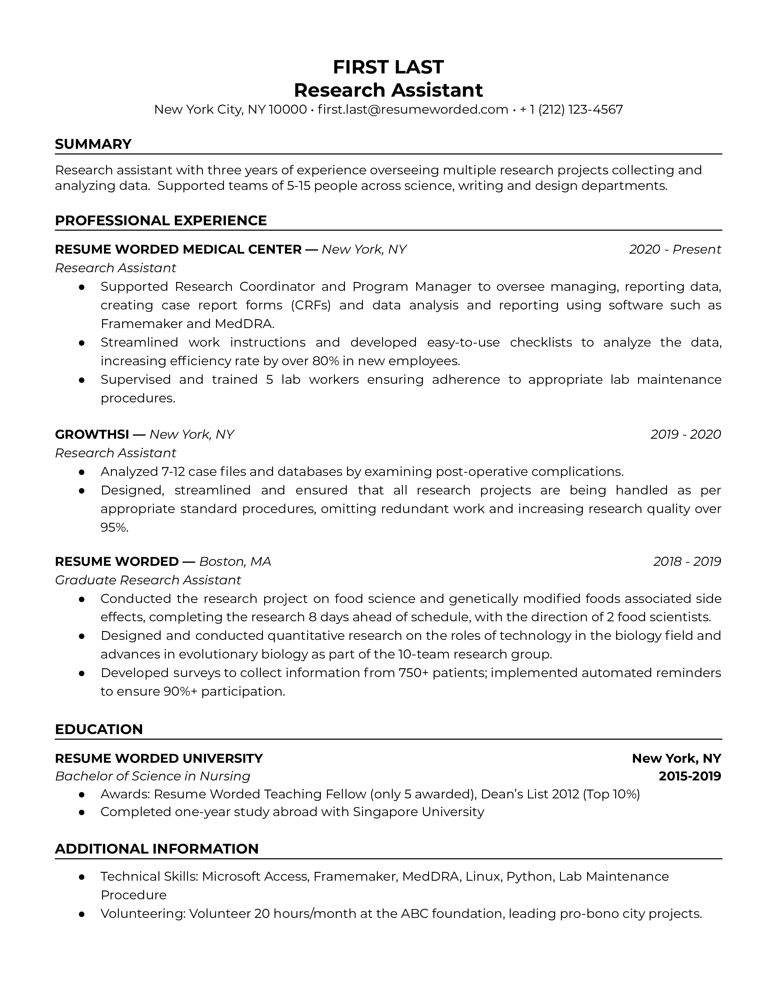 Snapshot of a detailed Research Assistant CV showcasing technical skills and specific research achievements.