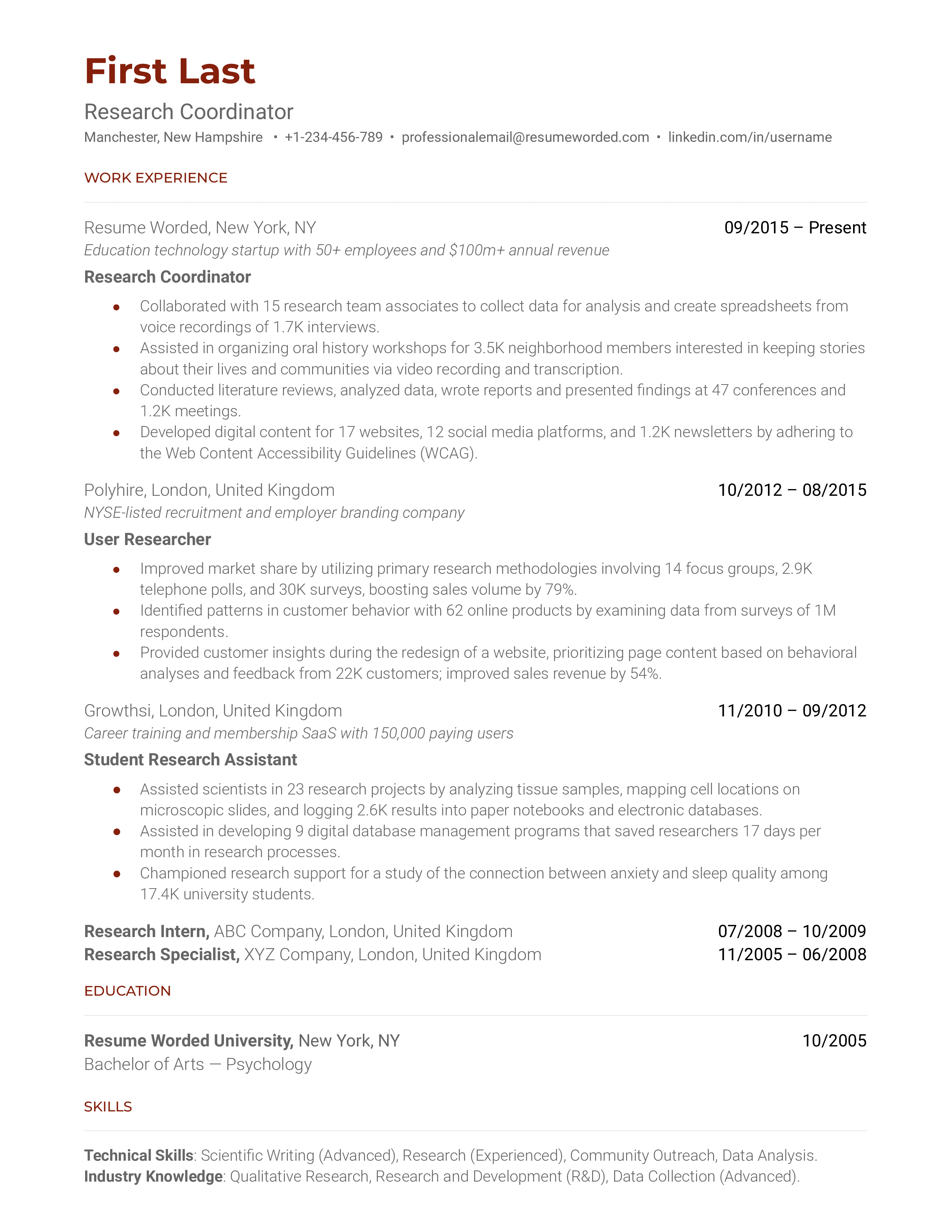 A research coordinator resume sample that highlights the applicant’s experience and skills set.