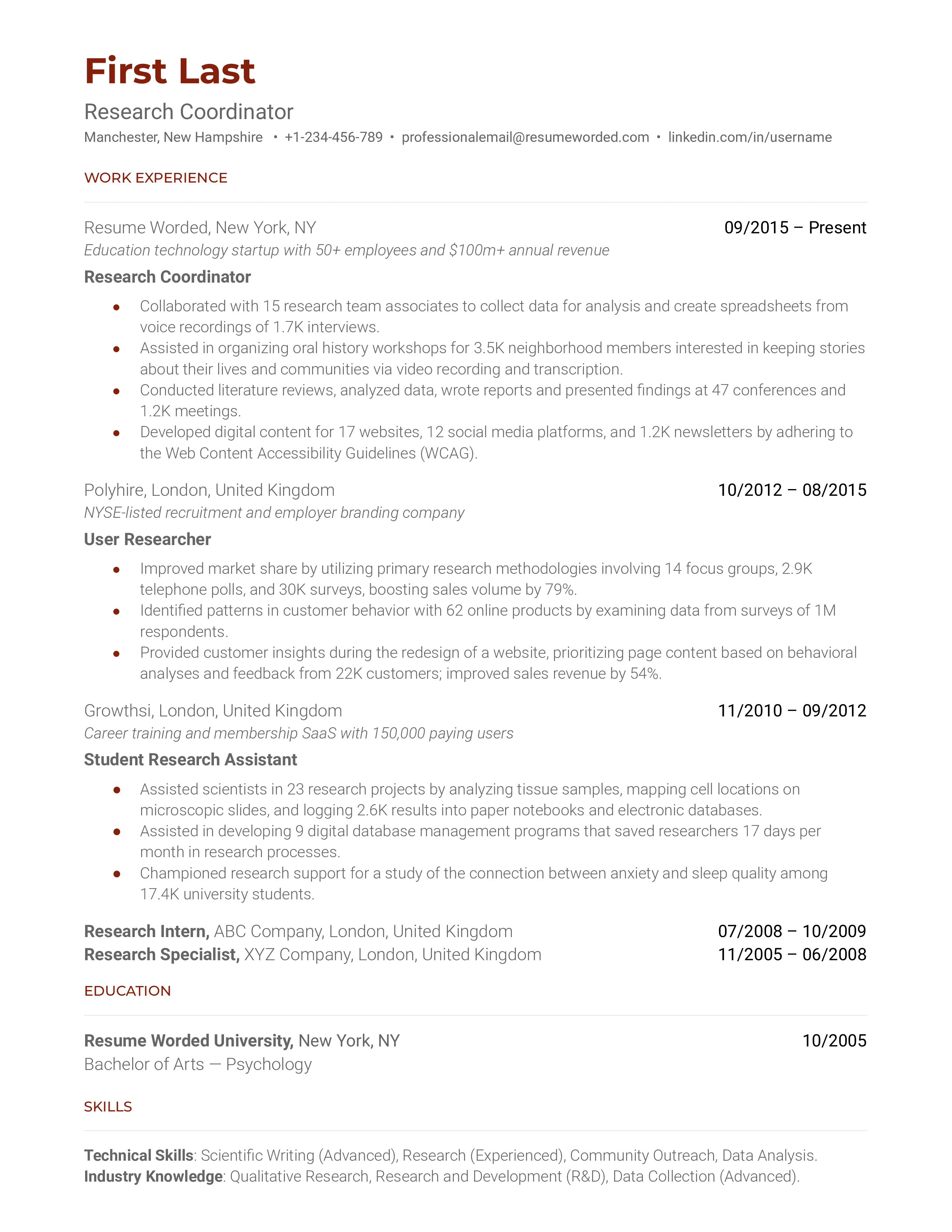 Research Coordinator Resume Sample