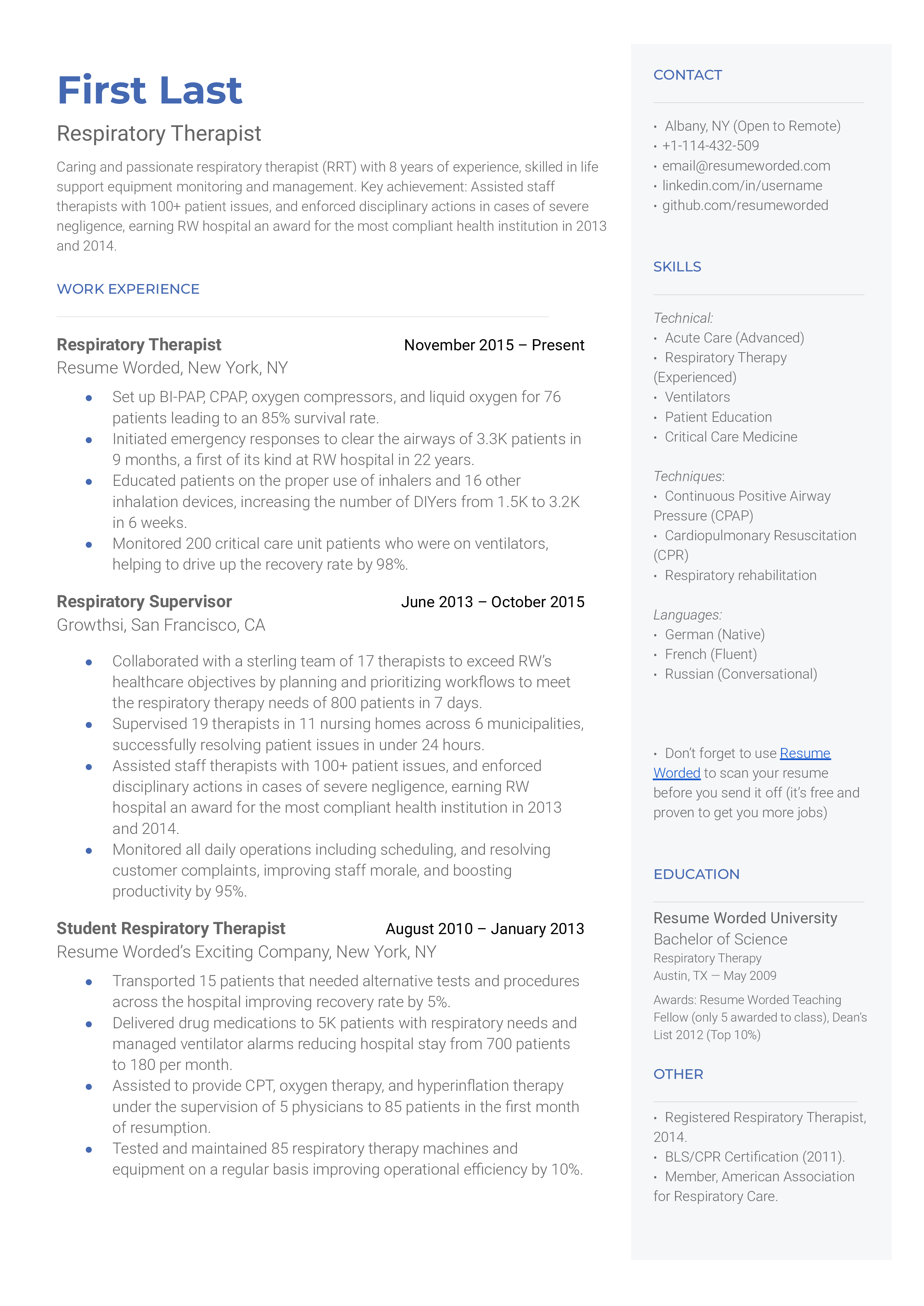 A Respiratory Therapist resume highlighting work experience and top RT skills.