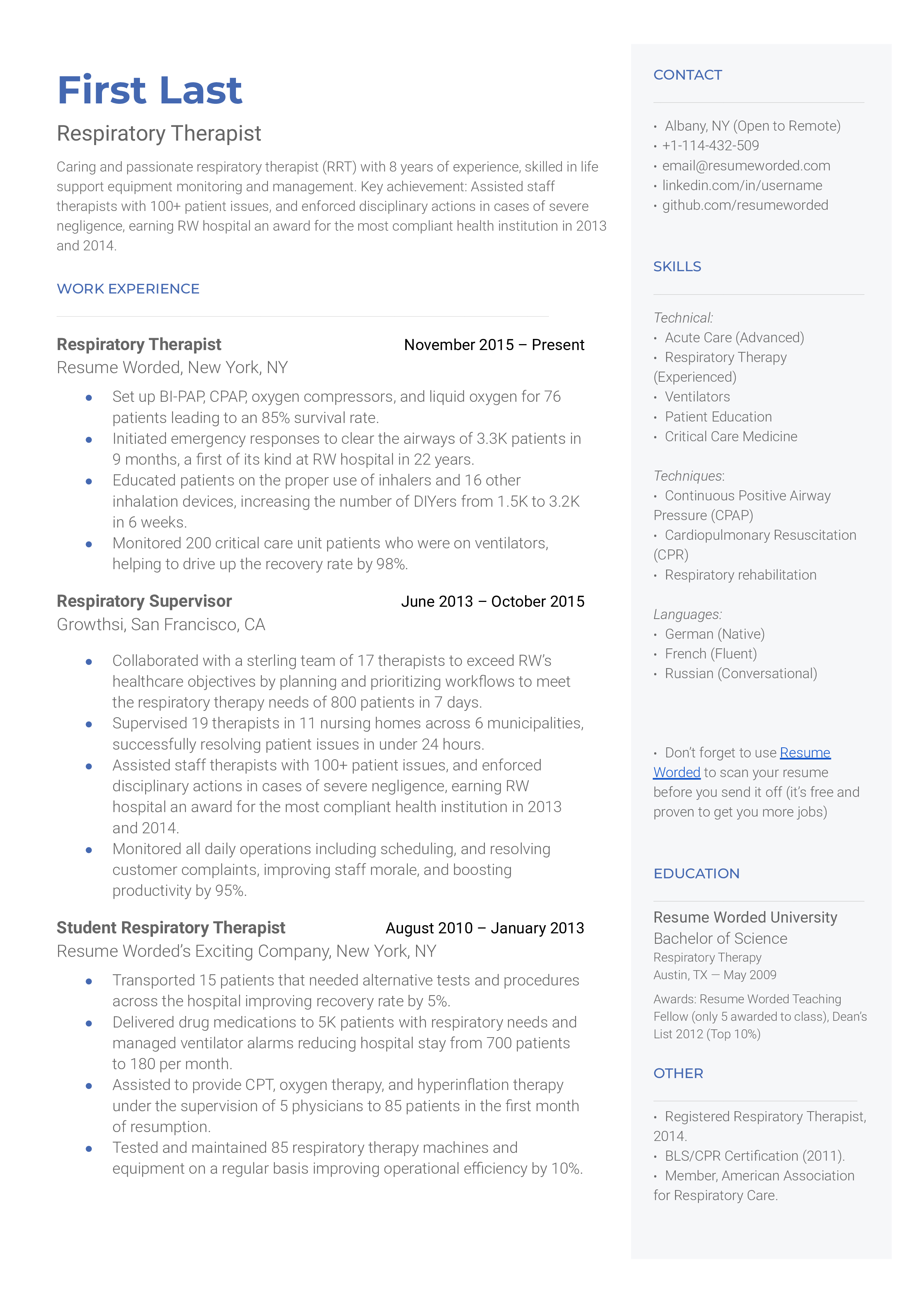 Screenshot of a Respiratory Therapist's CV showcasing certifications and equipment experience.