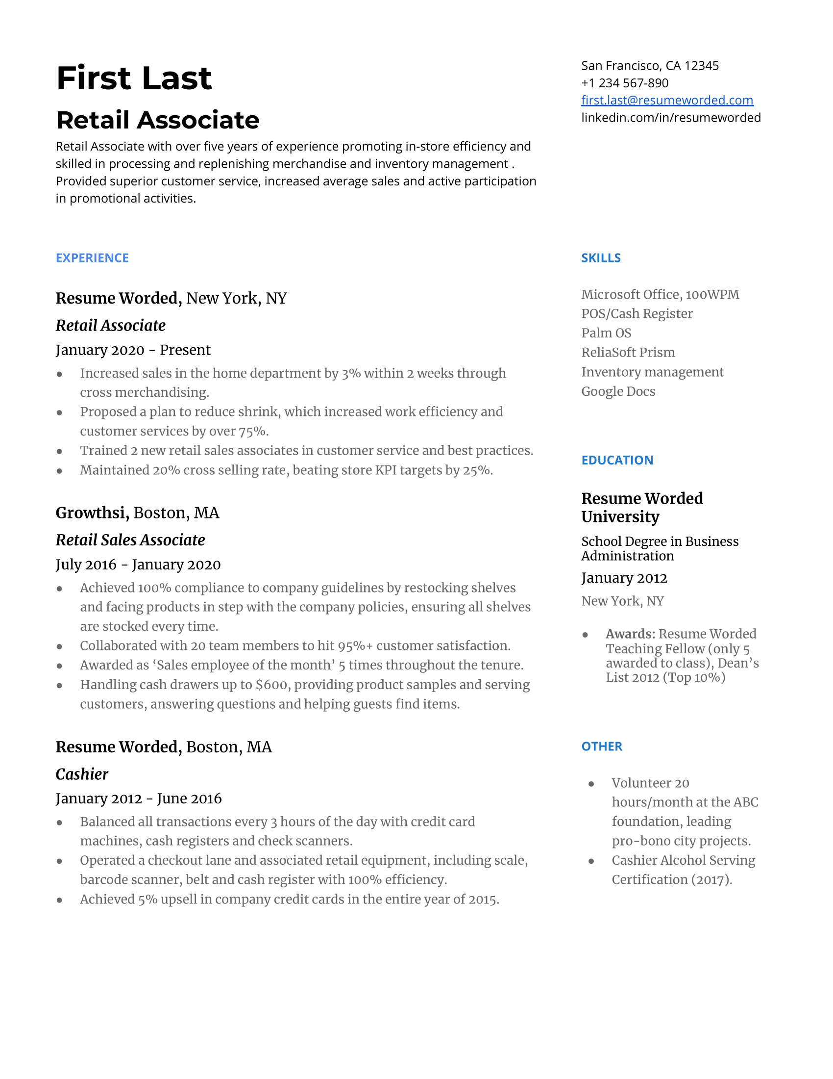 Retail Job Description Cv