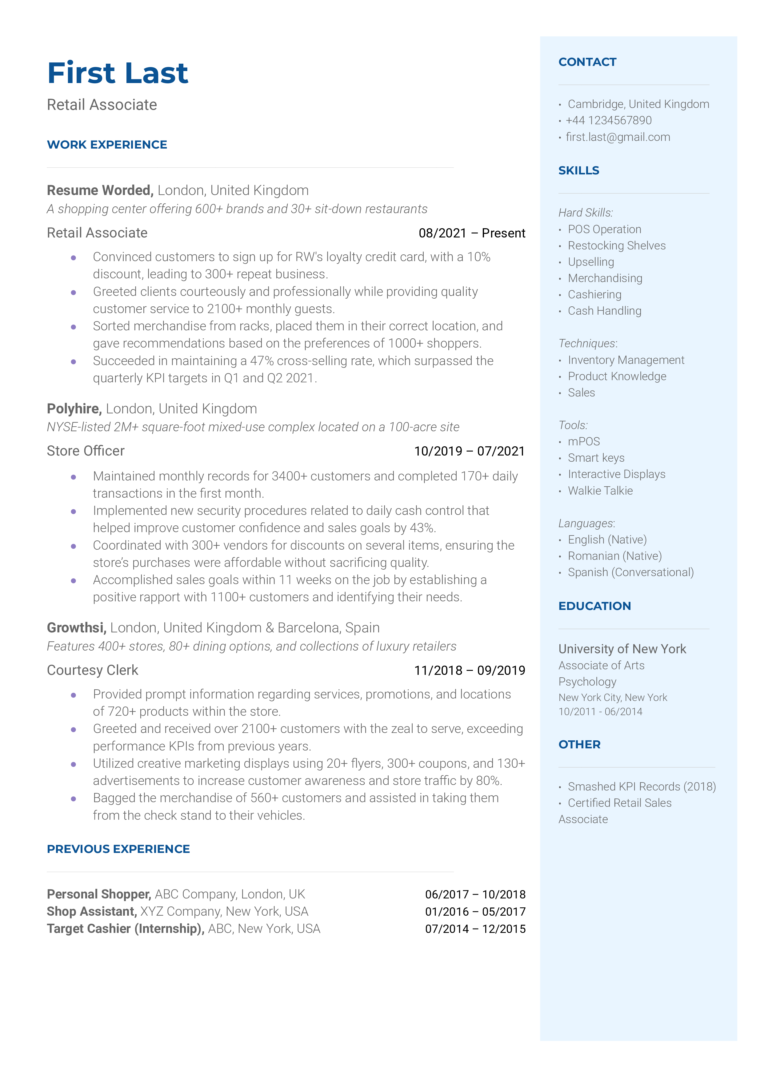 A resume for a retail associate with a degree in business administration and experience as a cashier.