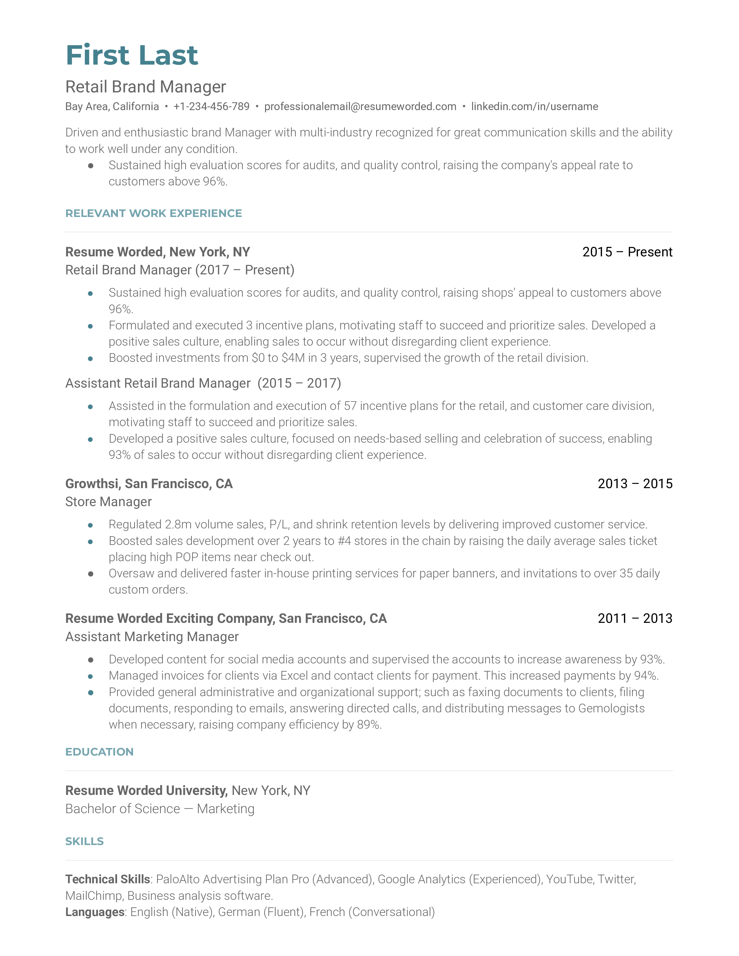 A resume for a retail brand manager featuring a BSN in marketing, and experience as a store manager and assistant retail brand manager.