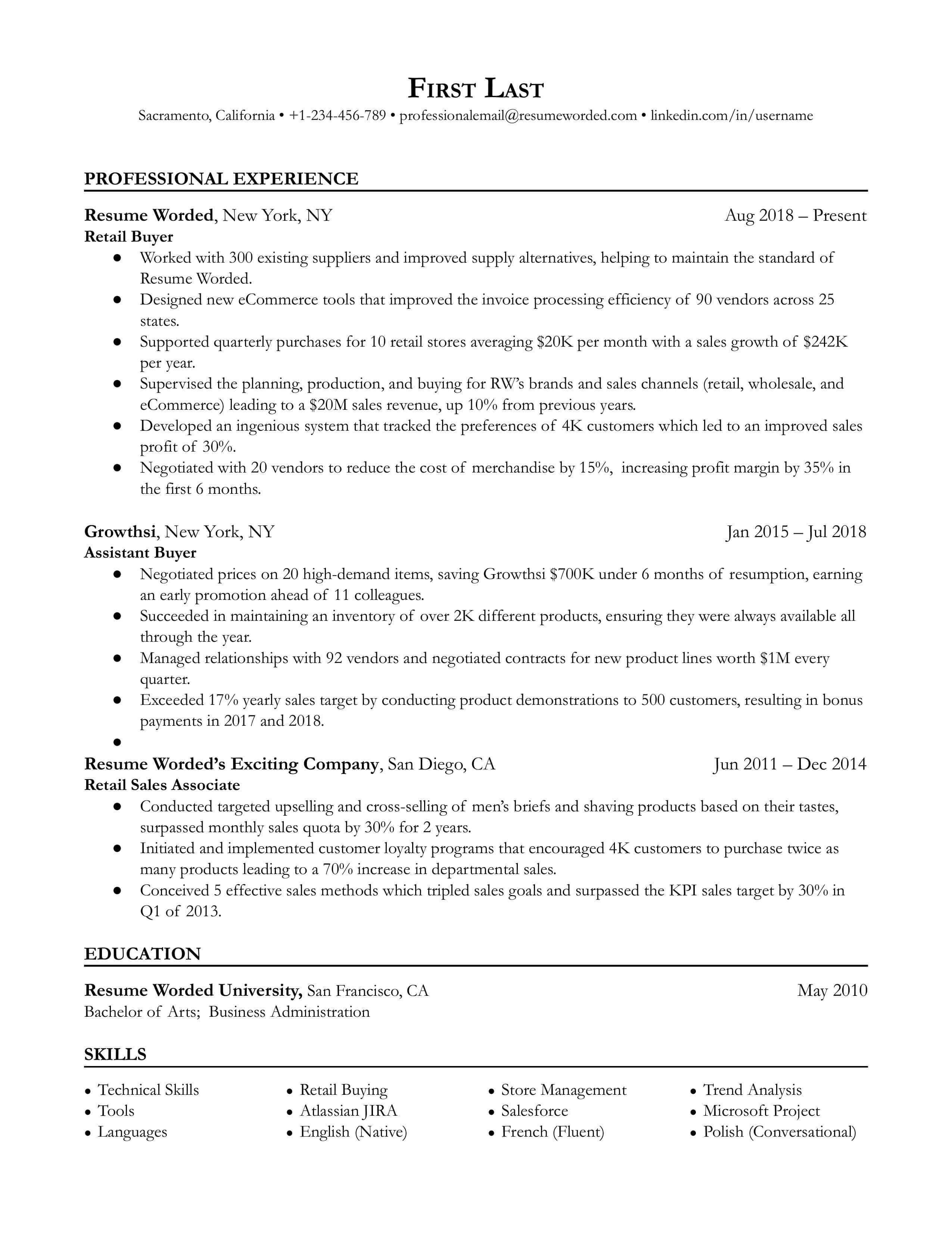 A retail buyer resume template that emphasizes relevant work experience over additional information