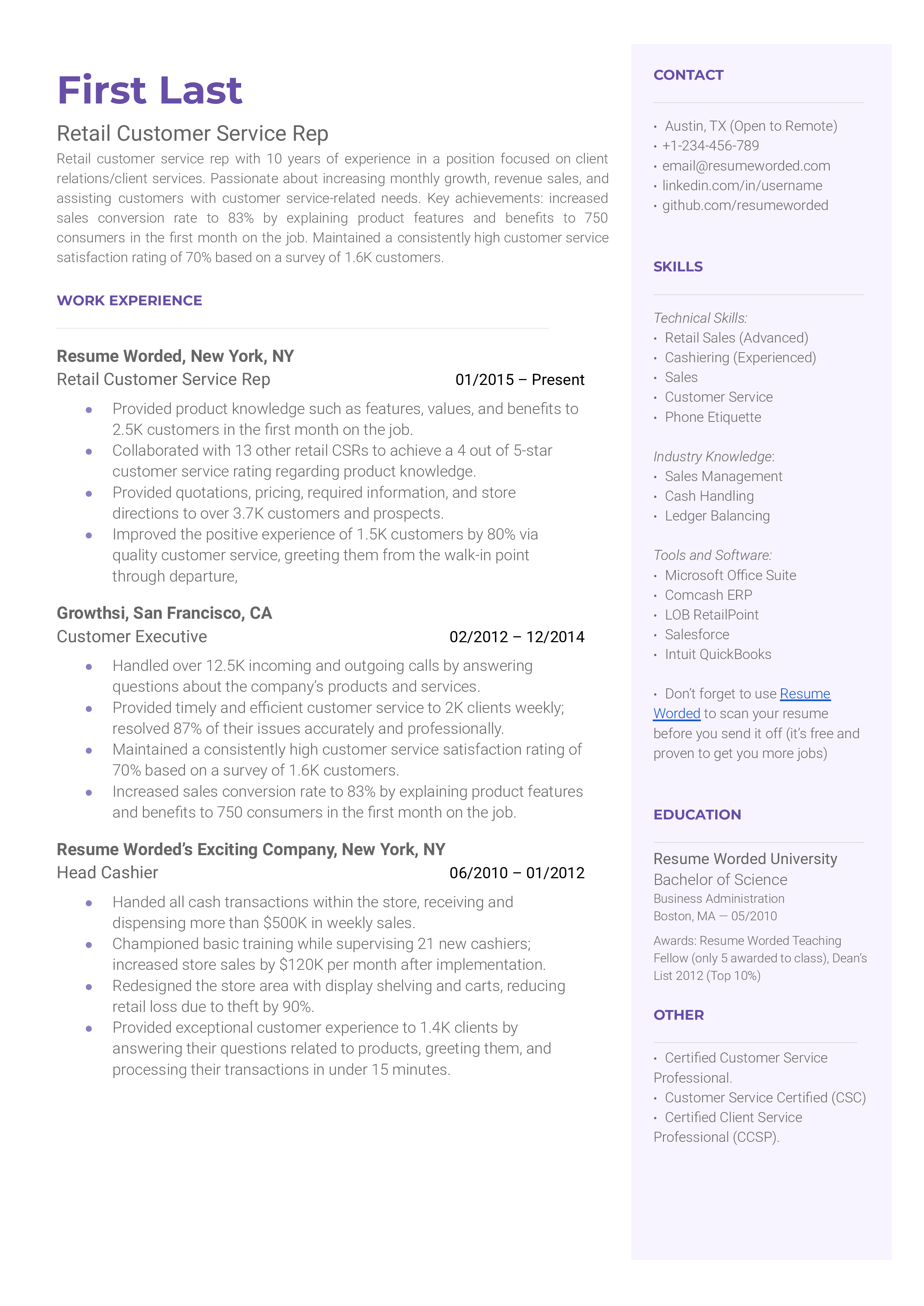 resume for customer service skills